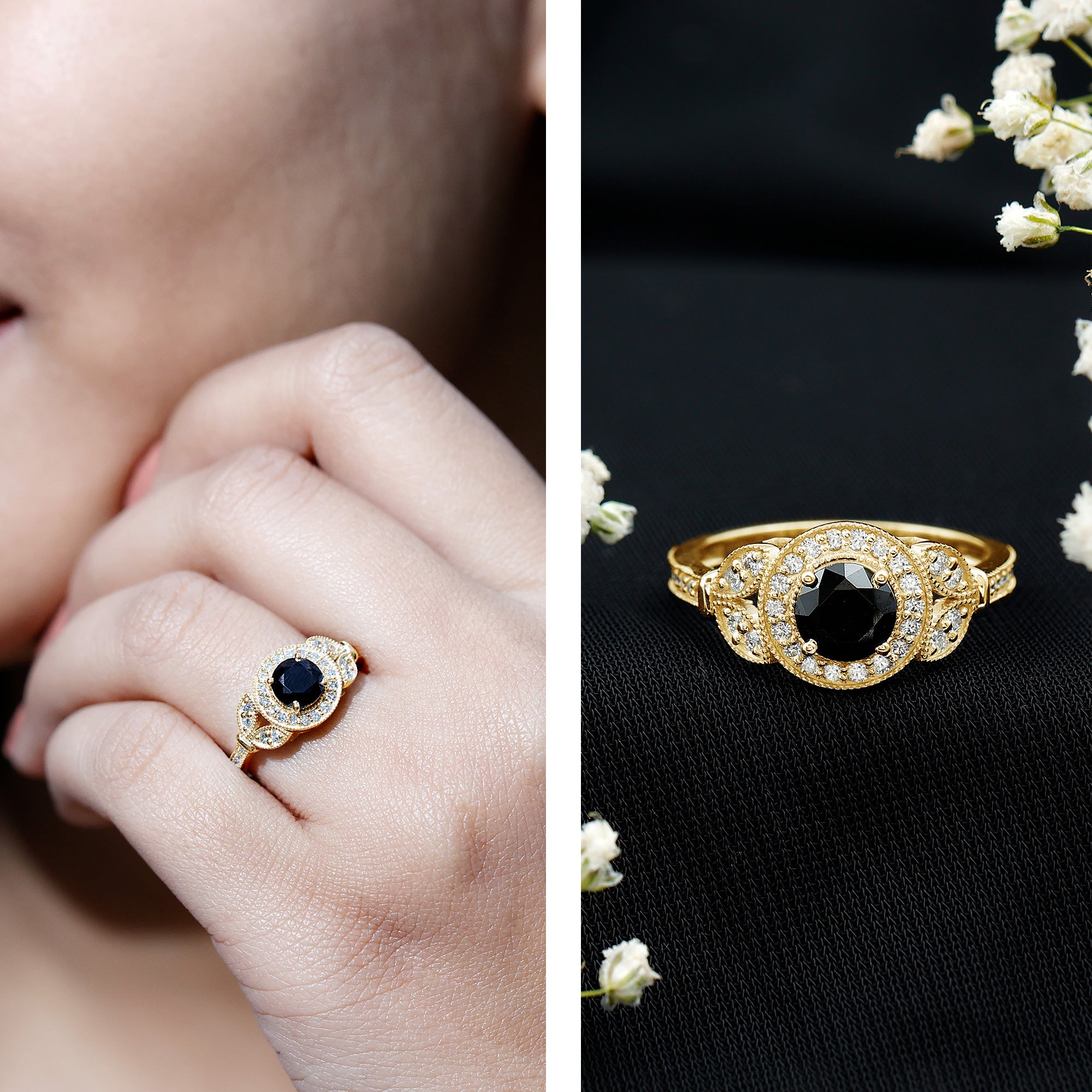 Rosec Jewels-Vintage Looking 1.3 Carat Lab Grown Black Diamond Engagement Ring with White Diamond