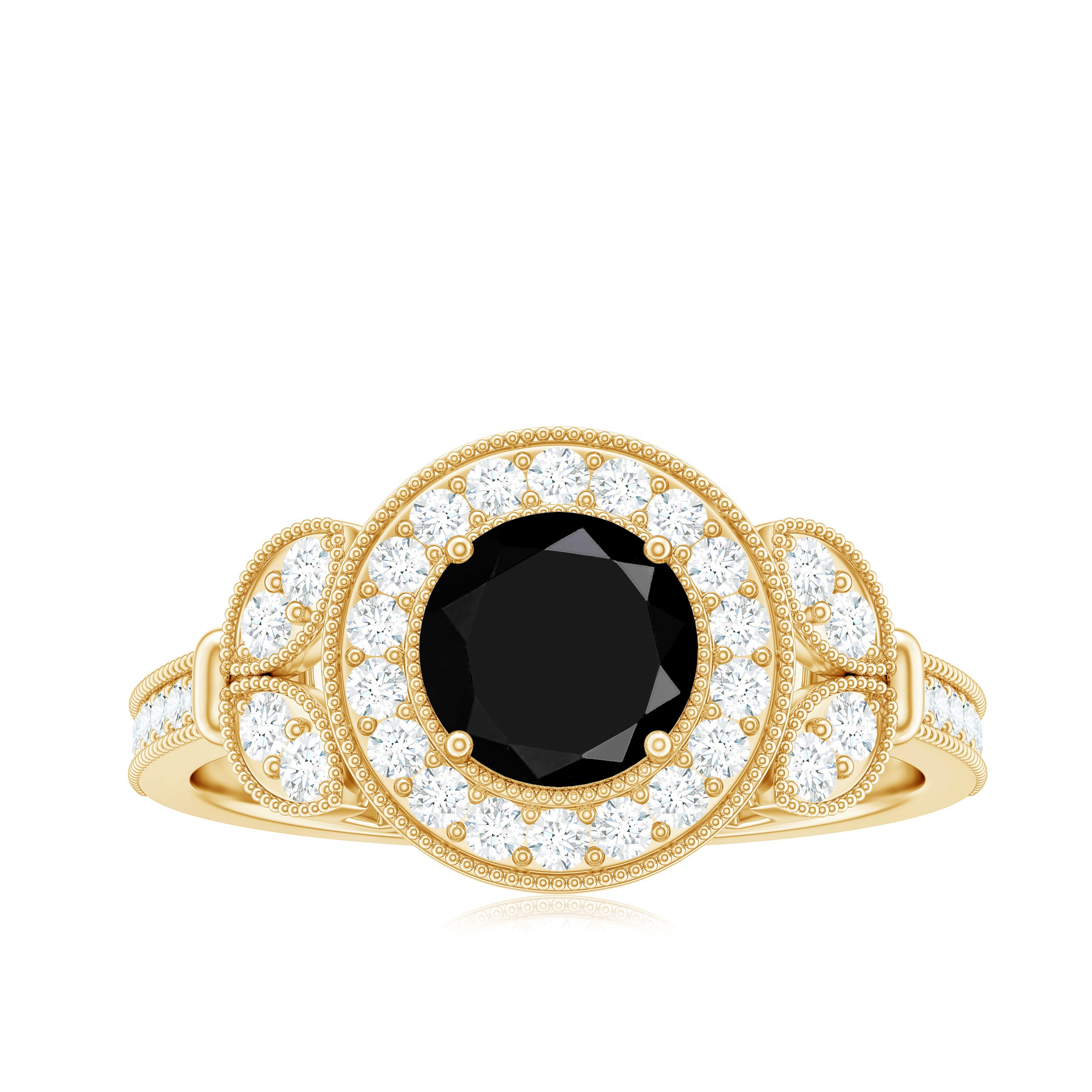 8mm Round Black Onyx Vintage Engagement Ring with Diamond Halo AAA - Rosec Jewels