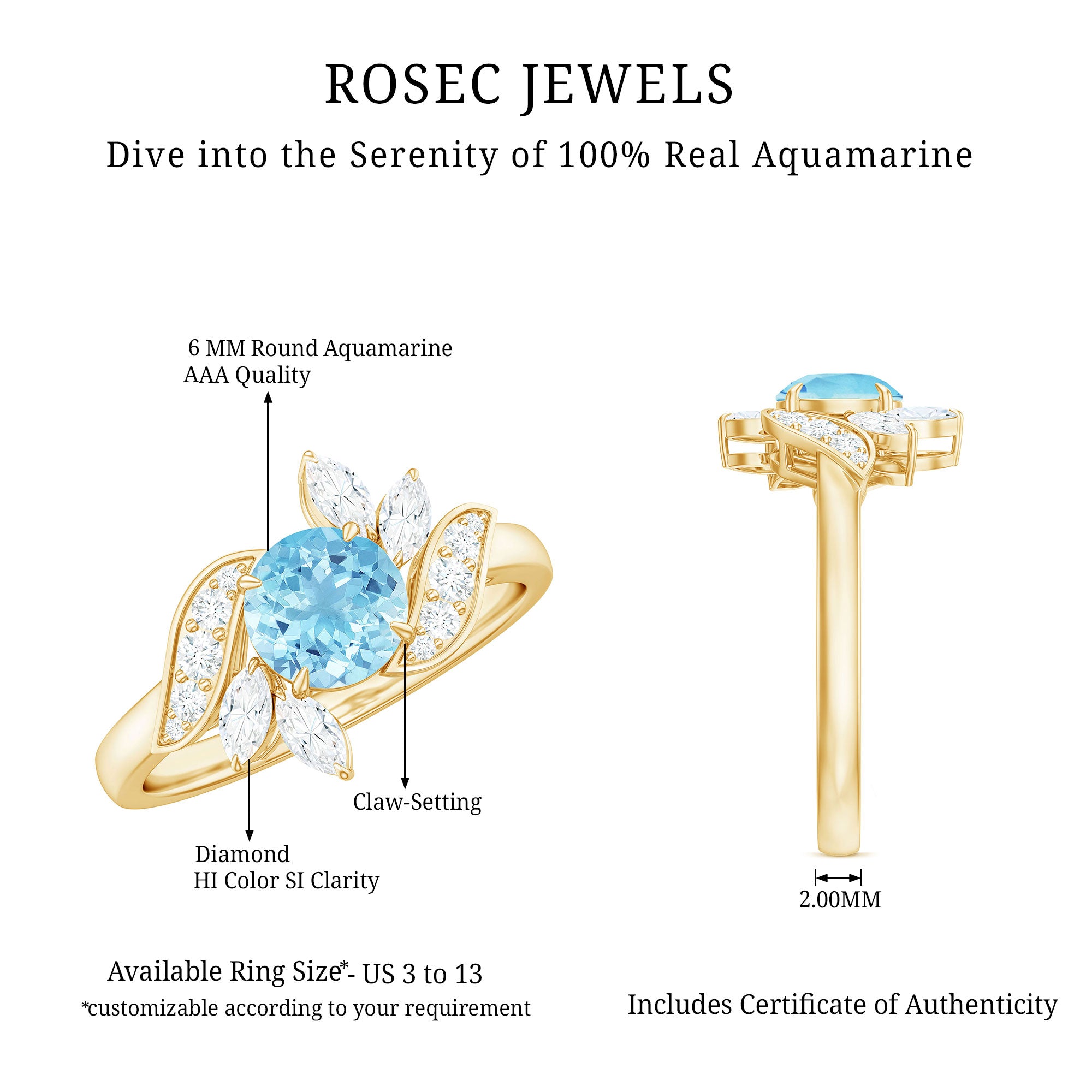 Rosec Jewels-Genuine 0.8 Carat Aquamarine and Diamond Flower Engagement Ring