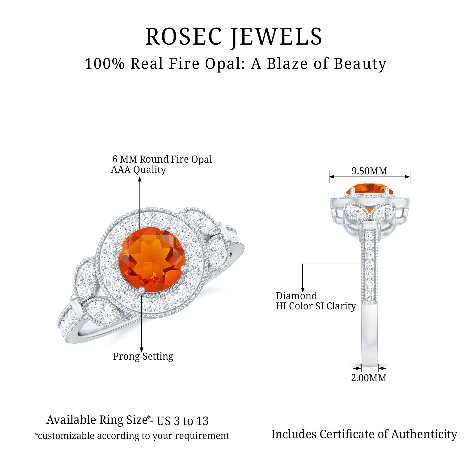 Rosec Jewels-Vintage Inspired Fire Opal Engagement Ring with Diamonds