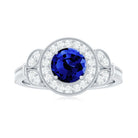 1 Carat Lab Grown Blue Sapphire Engagement Ring with Diamond Floral Halo AAAA - Rosec Jewels