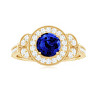 1 Carat Lab Grown Blue Sapphire Engagement Ring with Diamond Floral Halo AAAA - Rosec Jewels