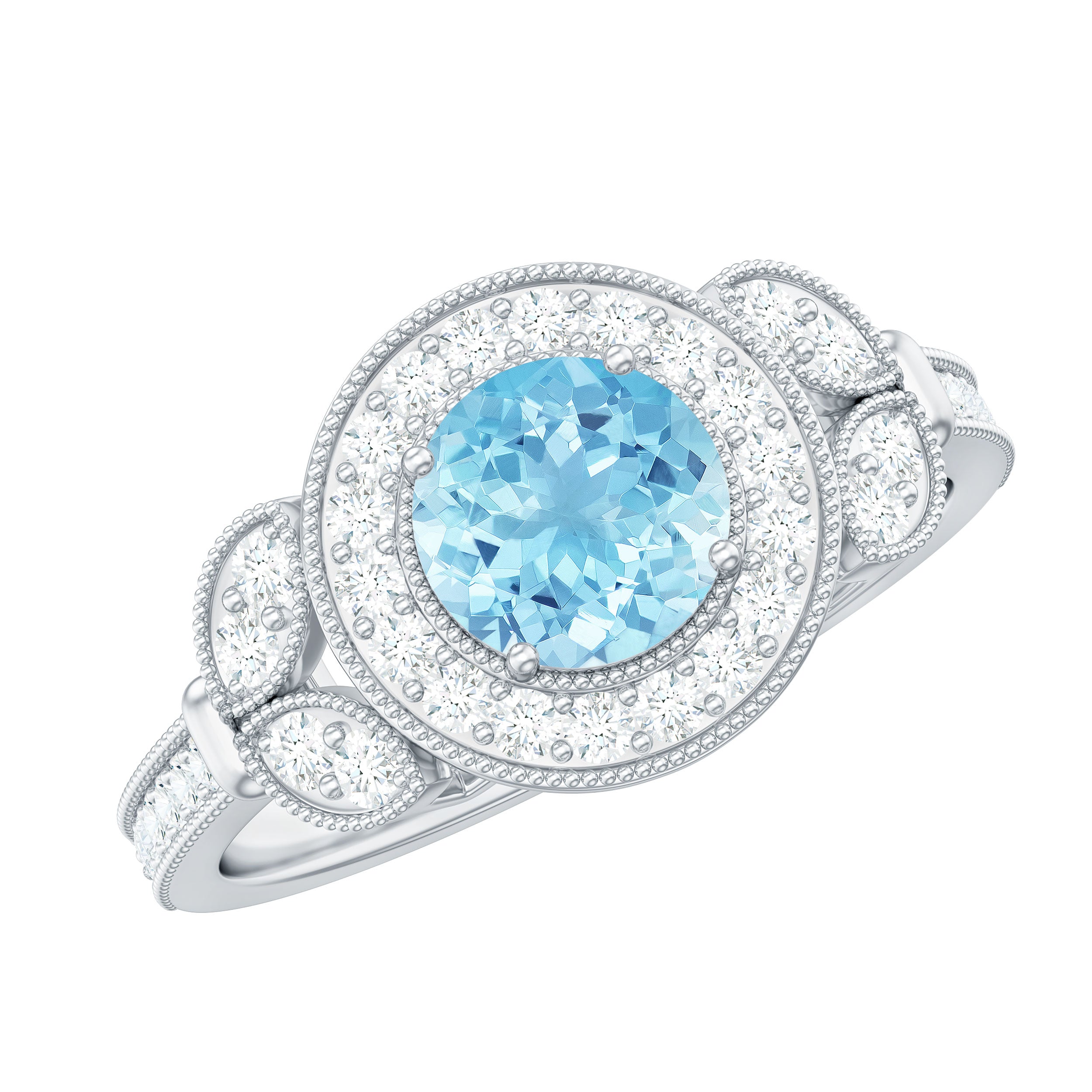 Rosec Jewels-Vintage Inspired Real Aquamarine Engagement Ring with Diamond Halo