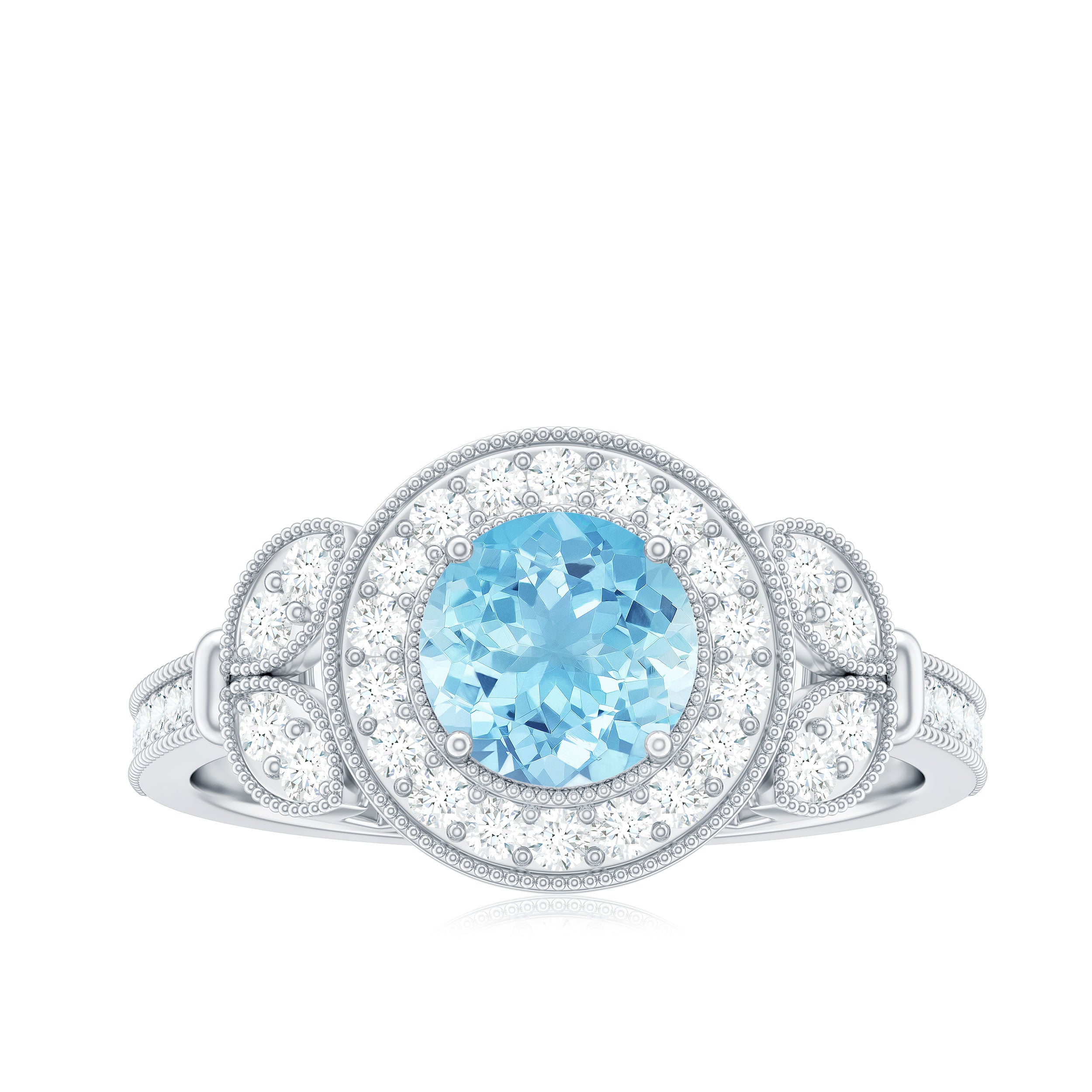 Rosec Jewels-Vintage Inspired Real Aquamarine Engagement Ring with Diamond Halo