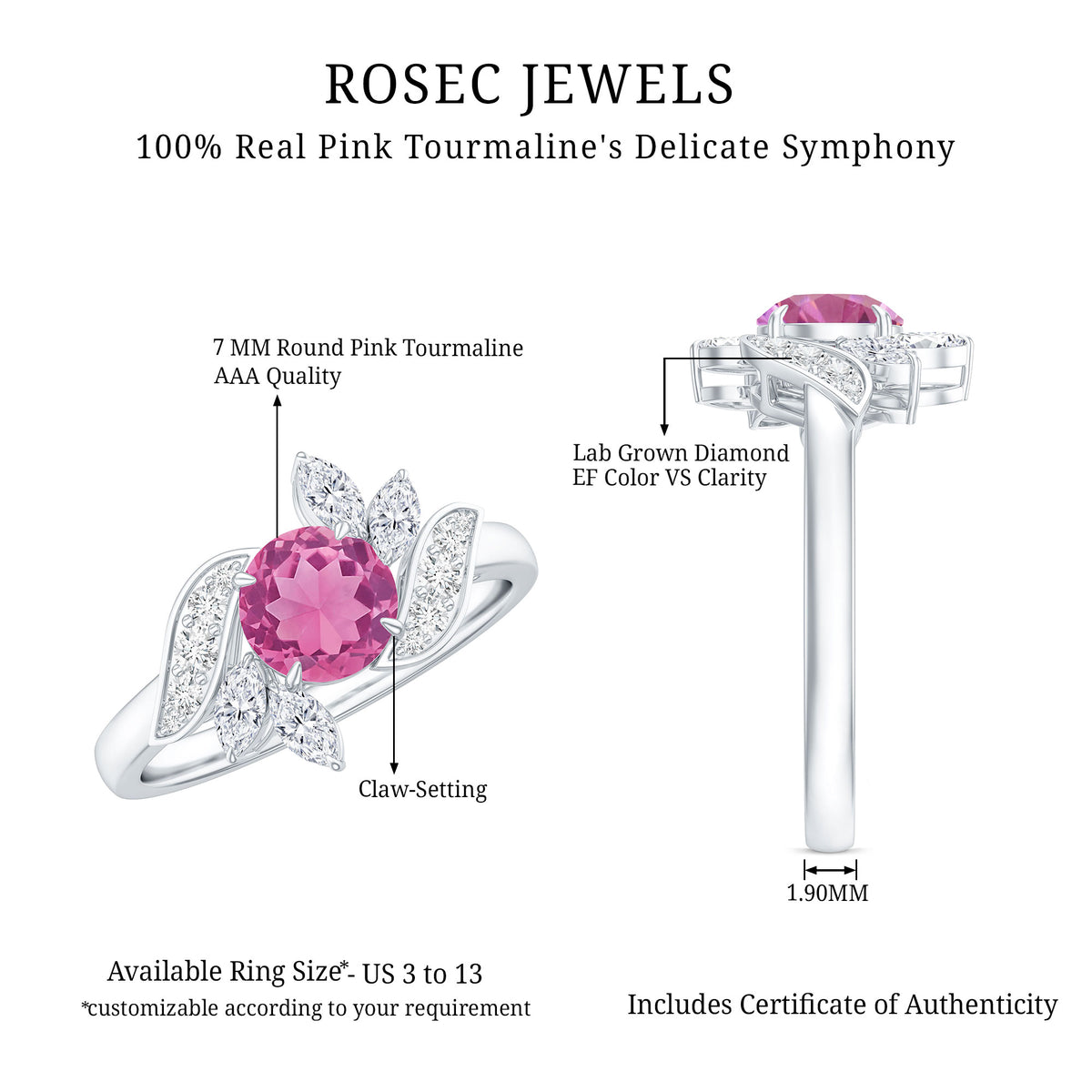 1.2 Carat Pink Tourmaline Flower Engagement Ring with Diamond AAA - Rosec Jewels