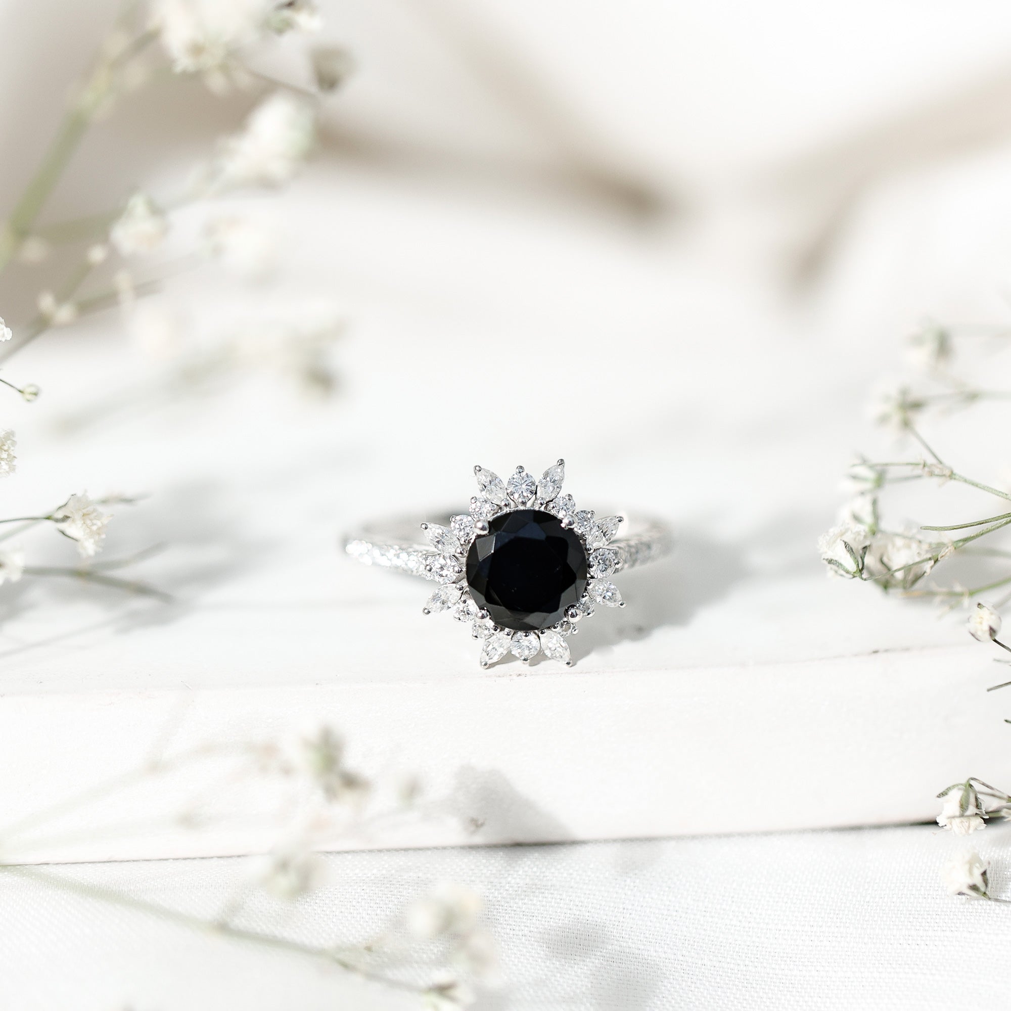 Real Black Spinel Engagement Ring with Moissanite Halo AAA - Rosec Jewels