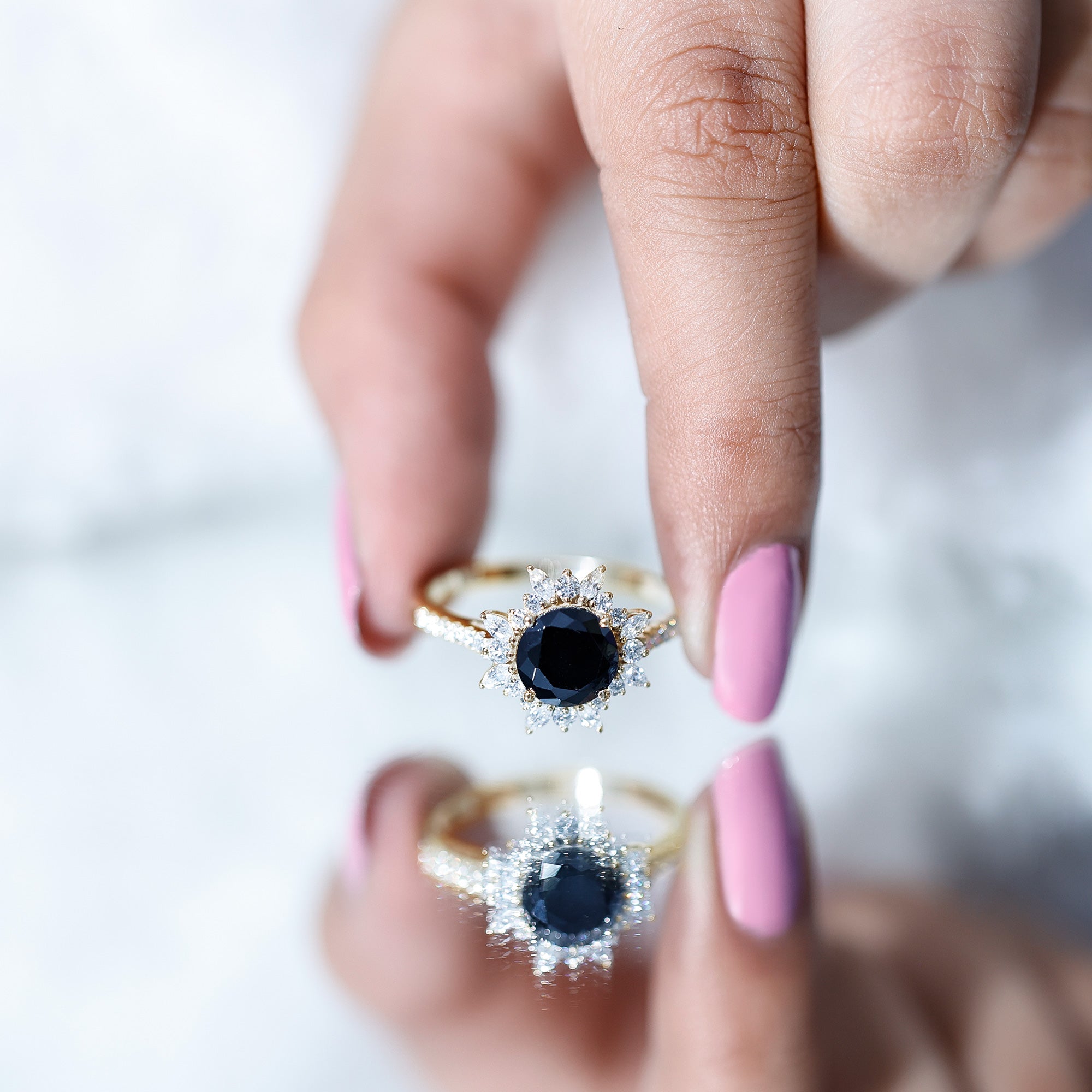 Real Black Spinel Engagement Ring with Moissanite Halo AAA - Rosec Jewels