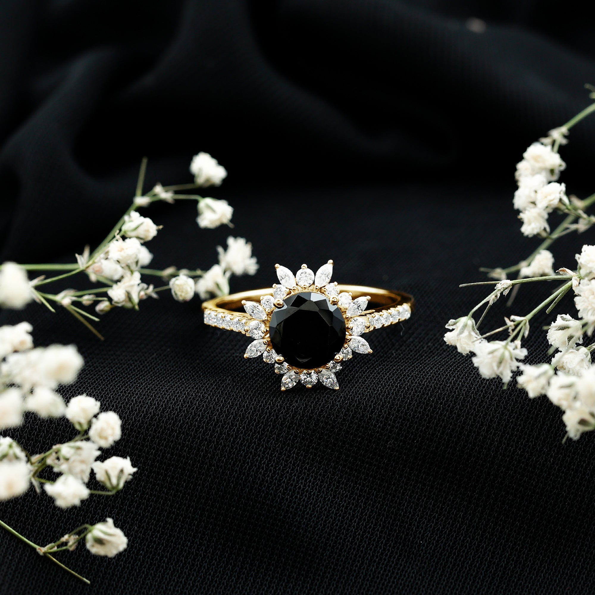 Real Black Spinel Engagement Ring with Moissanite Halo AAA - Rosec Jewels