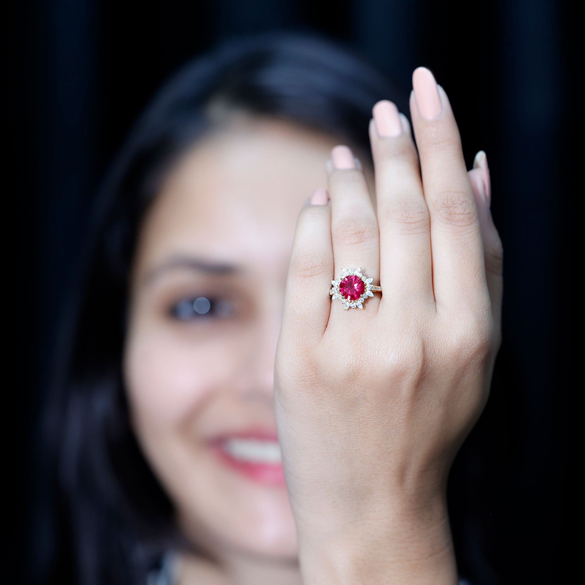 Rosec Jewels-Certified 8mm Lab Grown Ruby Diamond Engagement Ring with Halo