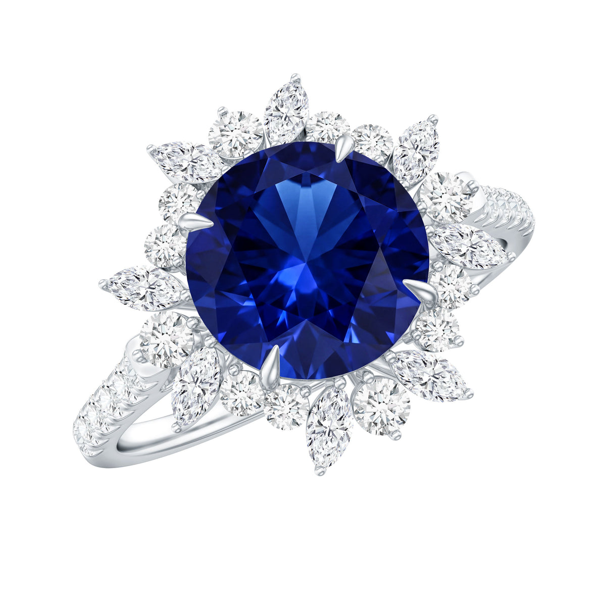 Lab Grown Blue Sapphire And Moissanite Floral Inspired Ring AAAA - Rosec Jewels