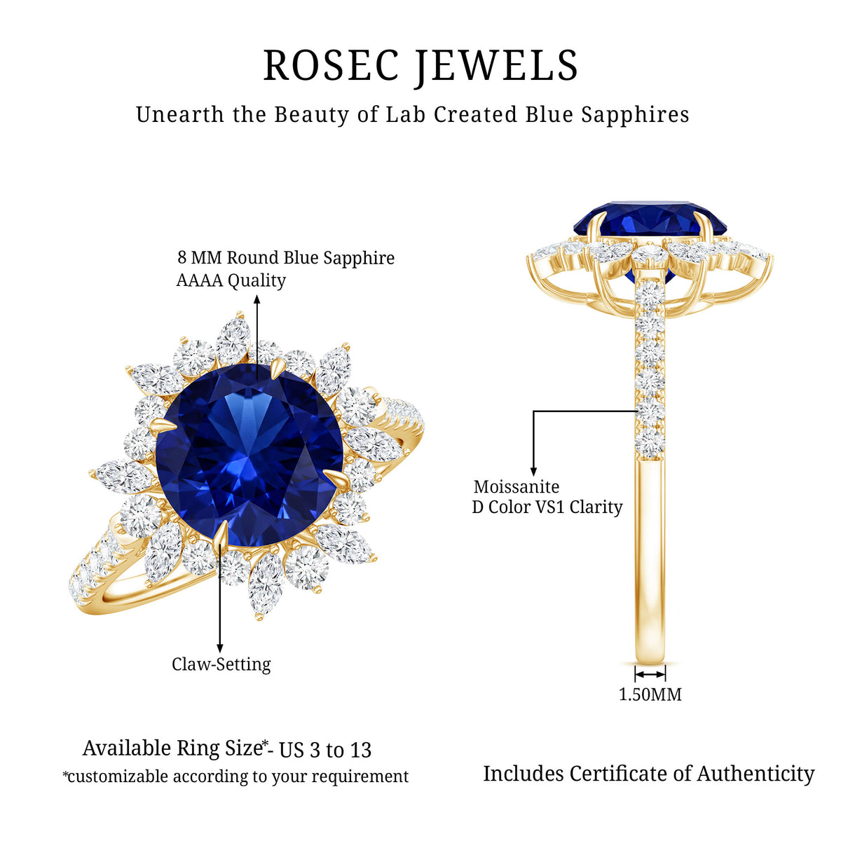 Lab Grown Blue Sapphire And Moissanite Floral Inspired Ring AAAA - Rosec Jewels