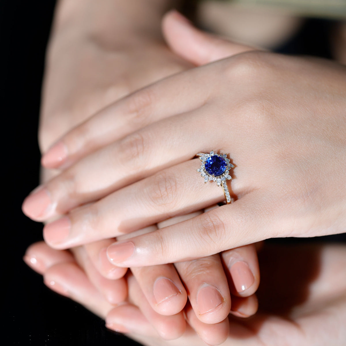 Lab Grown Blue Sapphire And Moissanite Floral Inspired Ring AAAA - Rosec Jewels