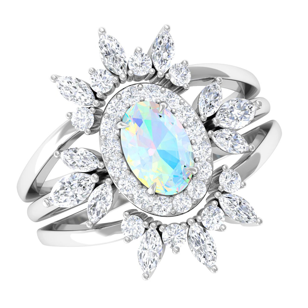 Rosec Jewels-Trio Wedding Ring Set with Oval Ethiopian Opal and Moissanite