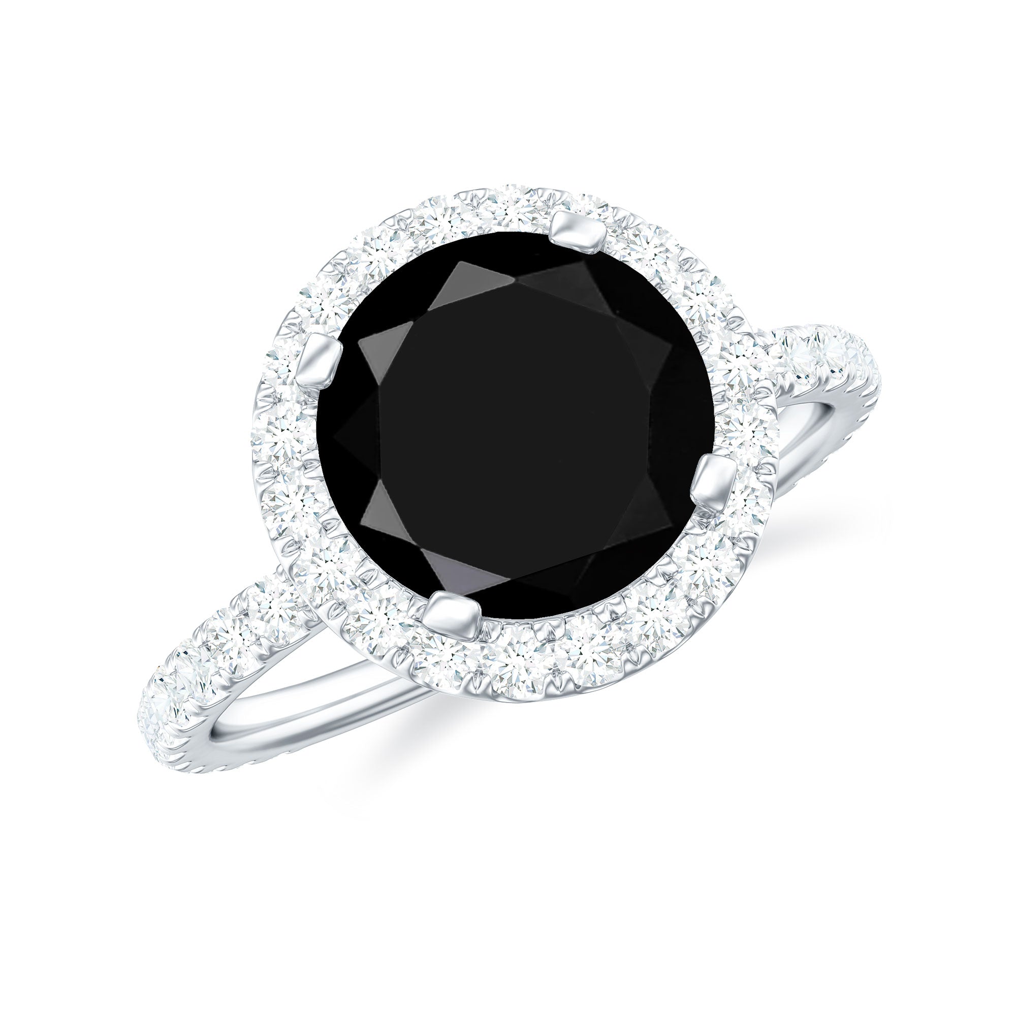 8mm Round Shape Black Onyx Engagement Ring with Diamond Halo
