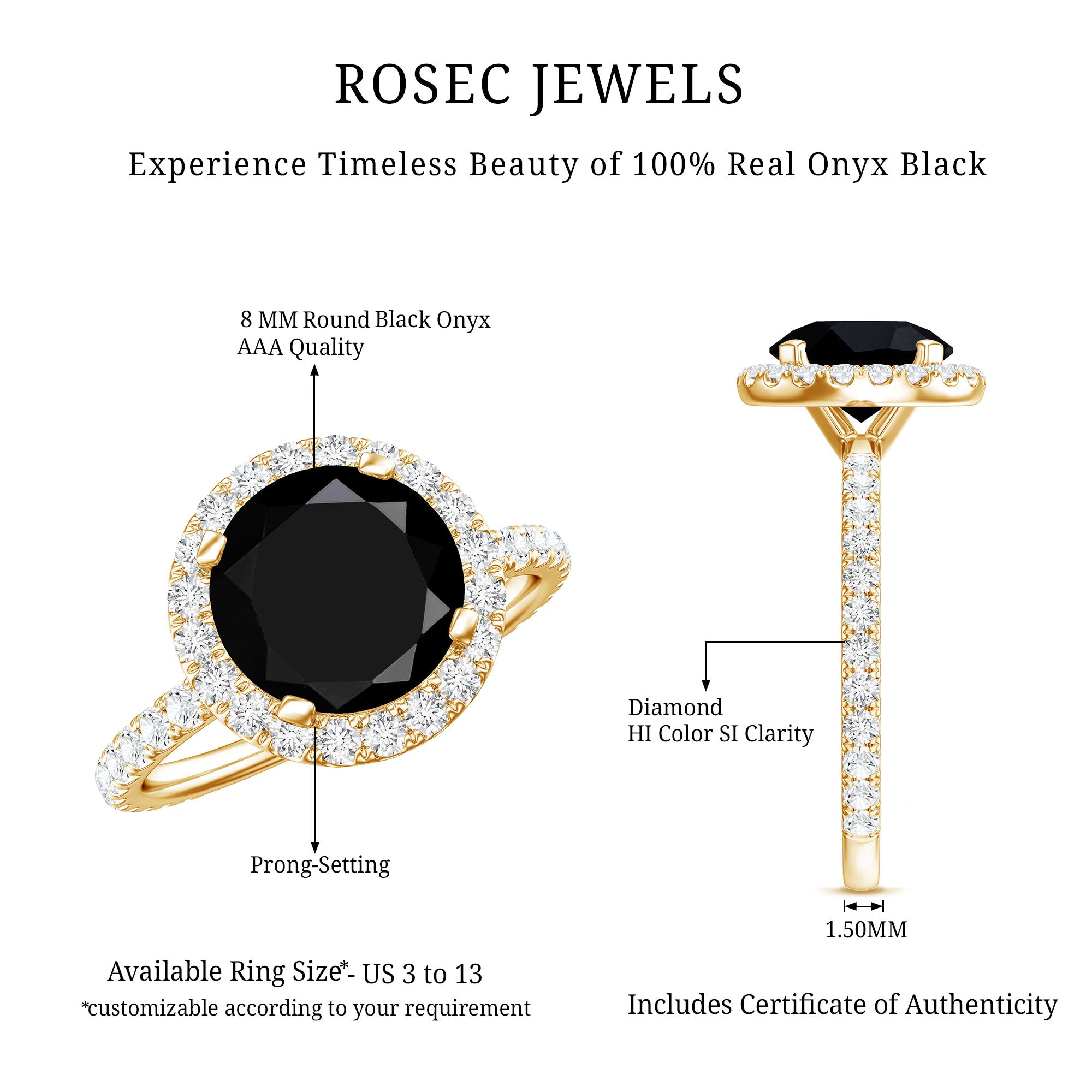 8mm Round Shape Black Onyx Engagement Ring with Diamond Halo AAA - Rosec Jewels