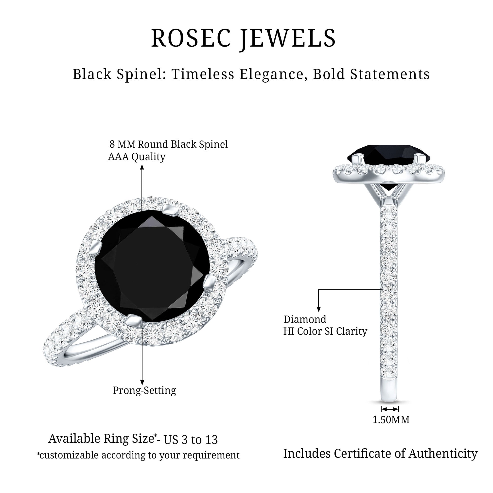 Rosec Jewels-Natural Black Spinel Engagement Ring with Diamond Halo