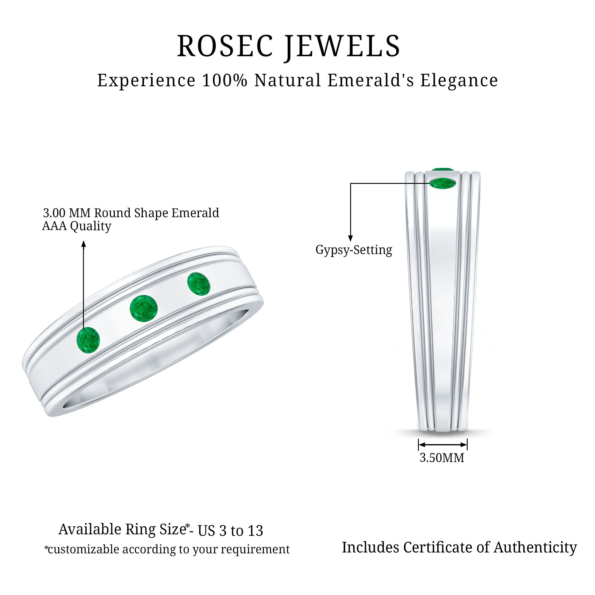 Emerald Minimal Band Ring in Gypsy Setting AAA - Rosec Jewels