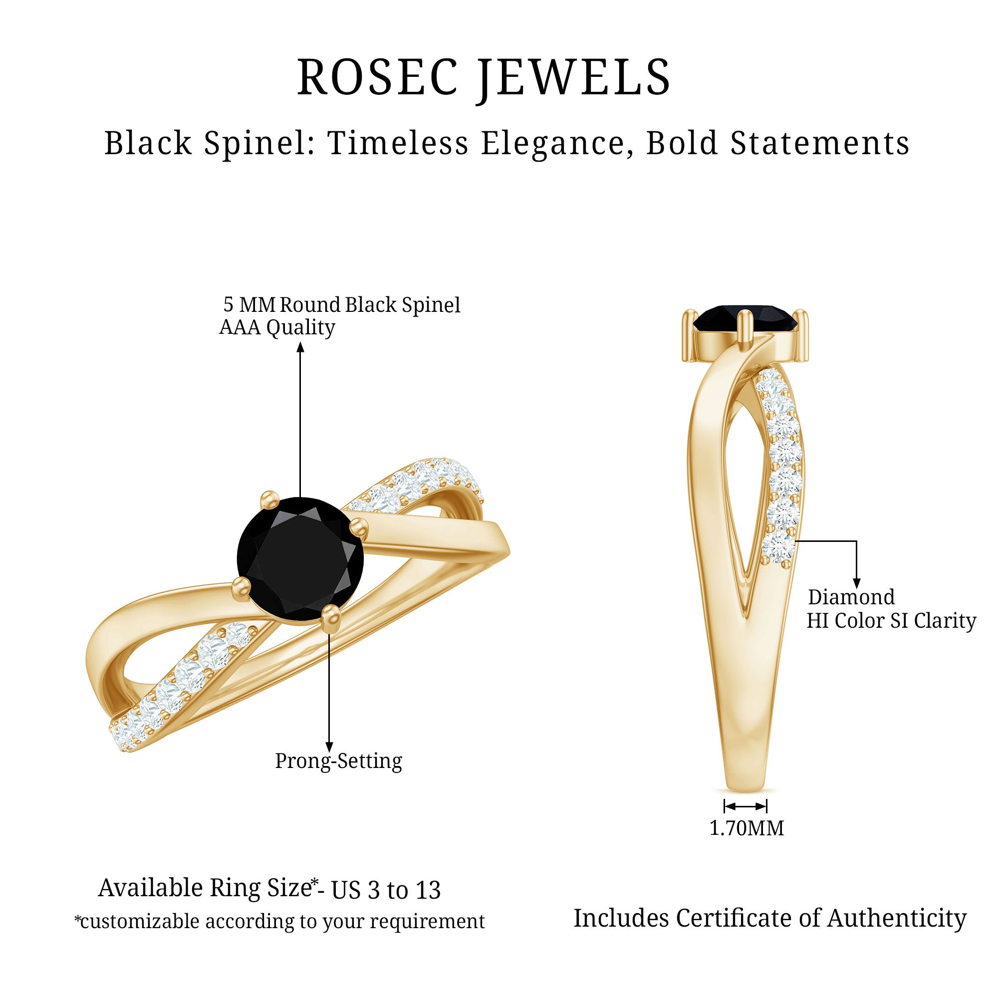 Certified Real Black Spinel Promise Ring with Diamond AAA - Rosec Jewels