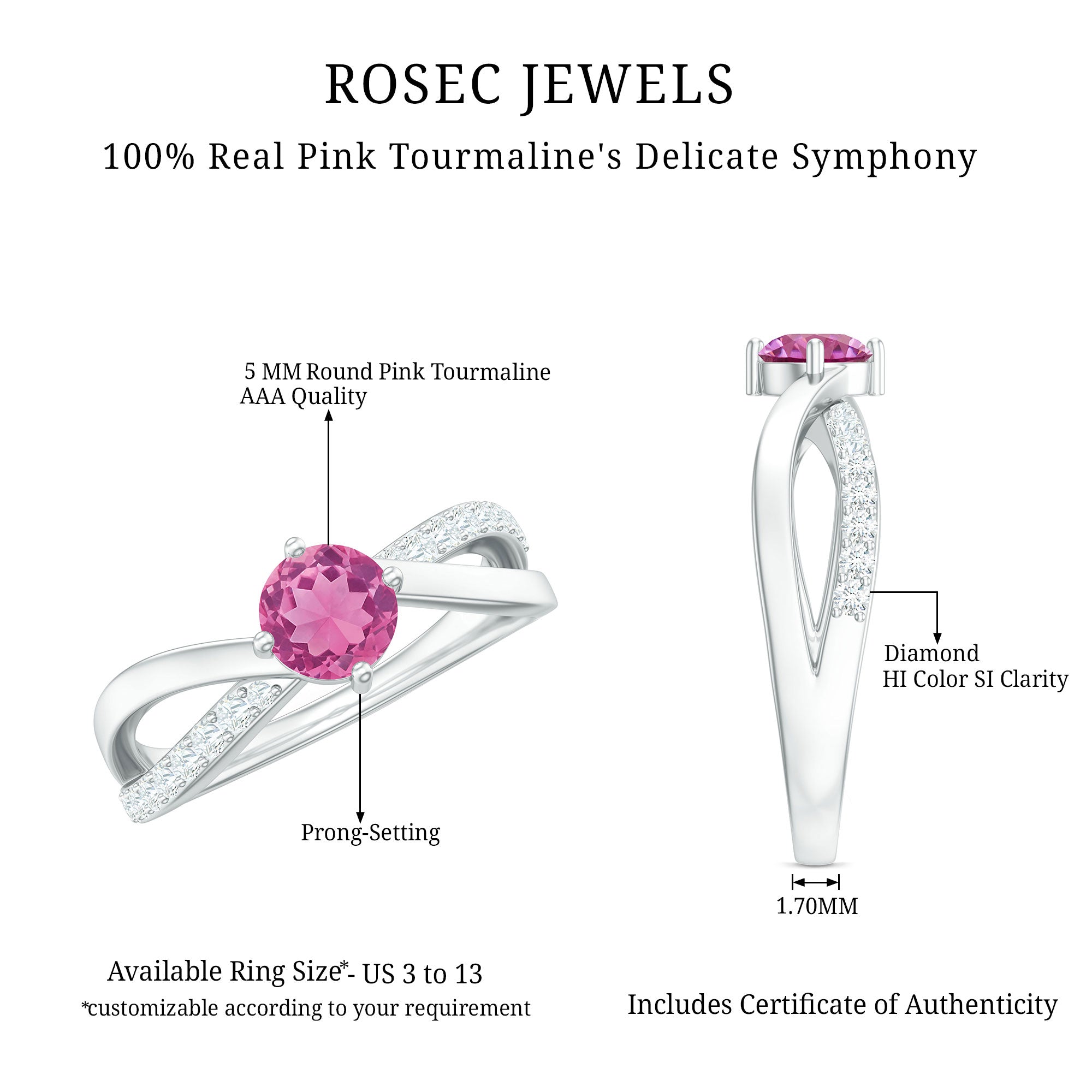 1/2 CT Pink Tourmaline Solitaire and Diamond Infinity Ring AAA - Rosec Jewels