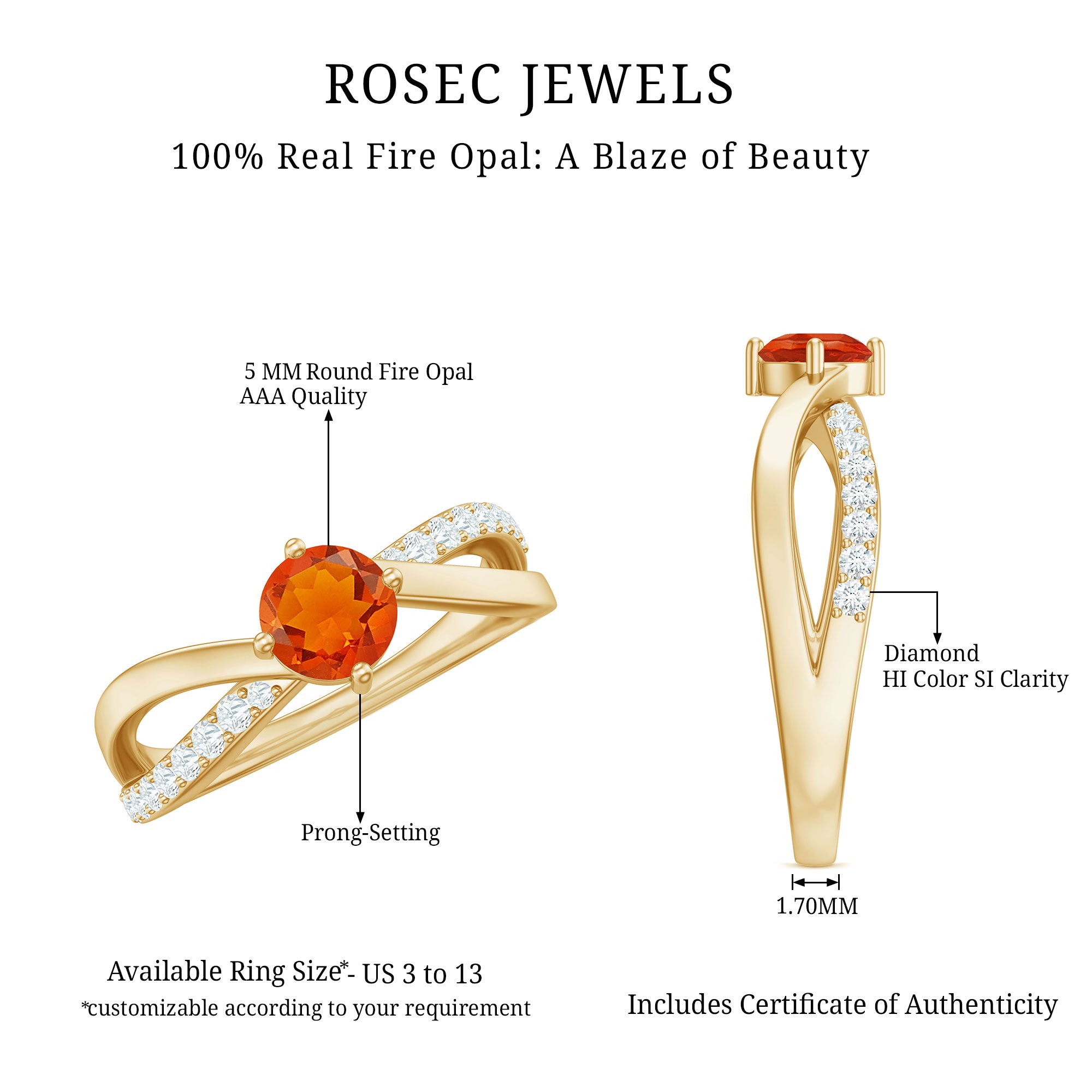 1/2 CT Fire Opal Solitaire and Diamond Infinity Ring AAA - Rosec Jewels