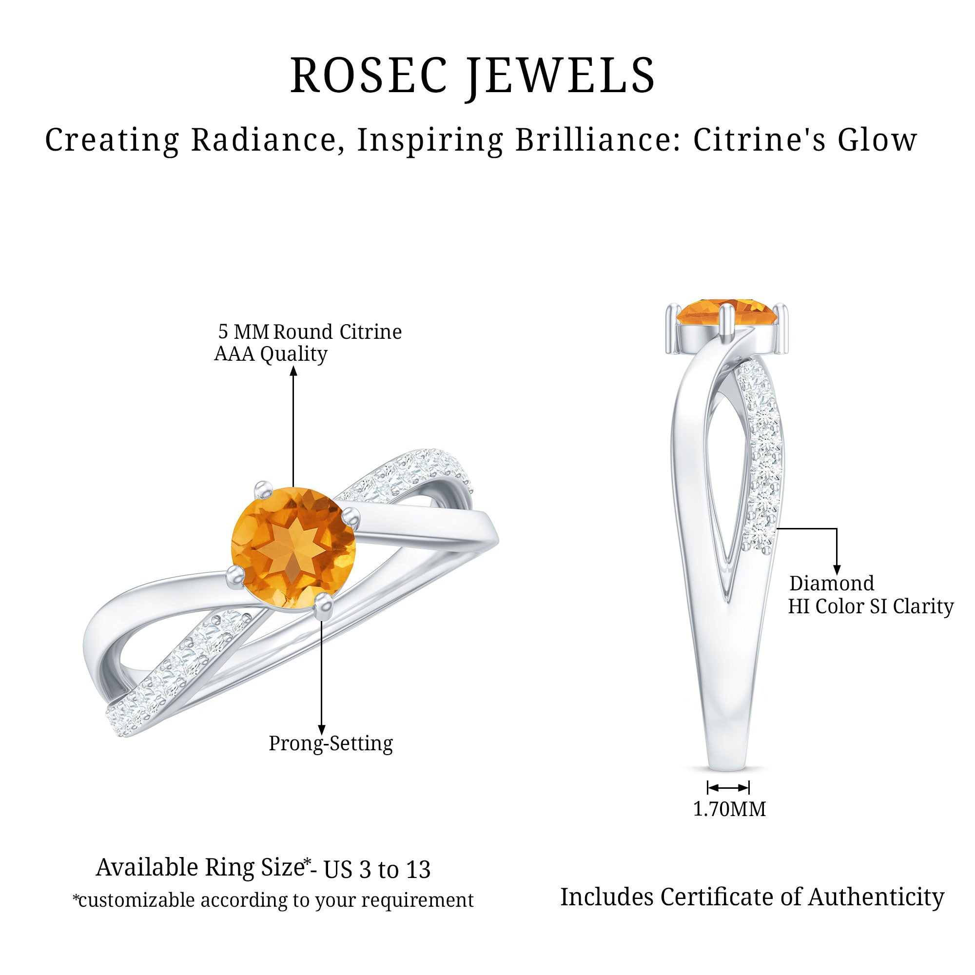 Certified Real Citrine Engagement Ring with Diamond Criss Cross Shank AAA - Rosec Jewels