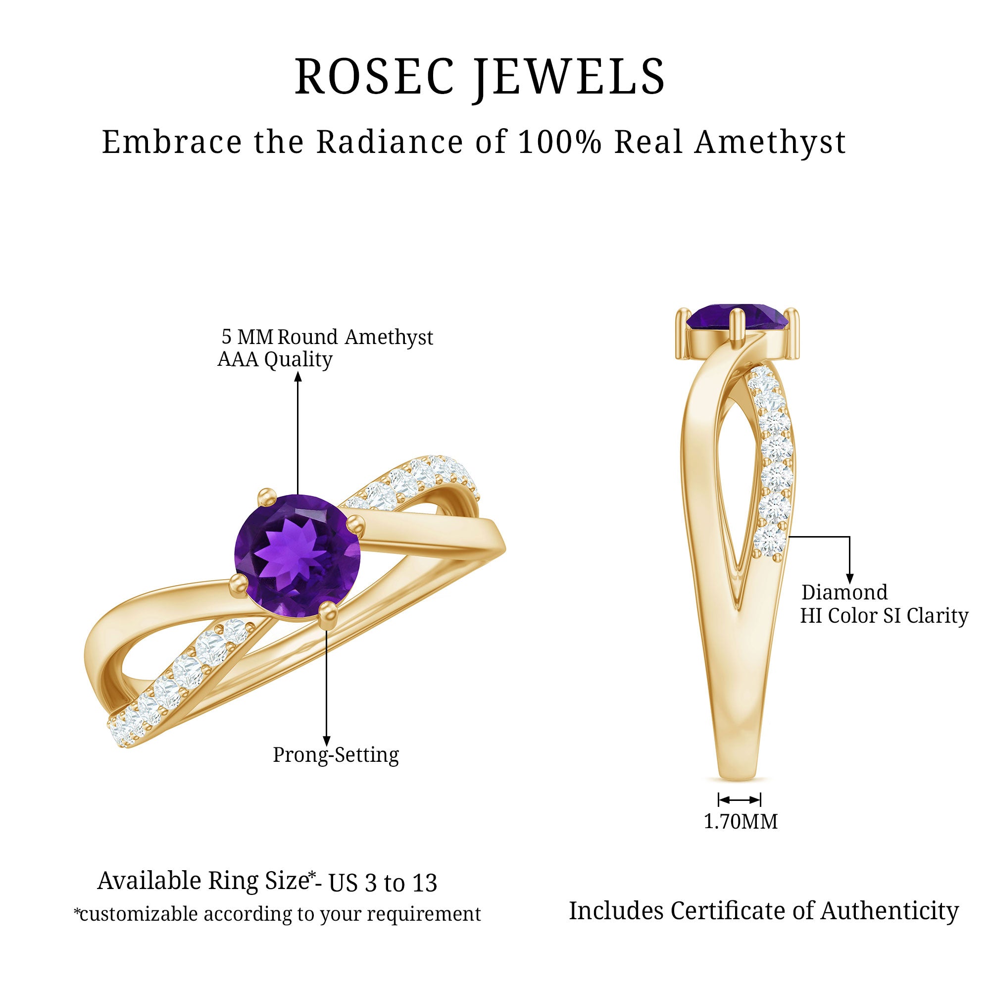 Real Amethyst Diamond Infinity Engagement Ring for Women AAA - Rosec Jewels