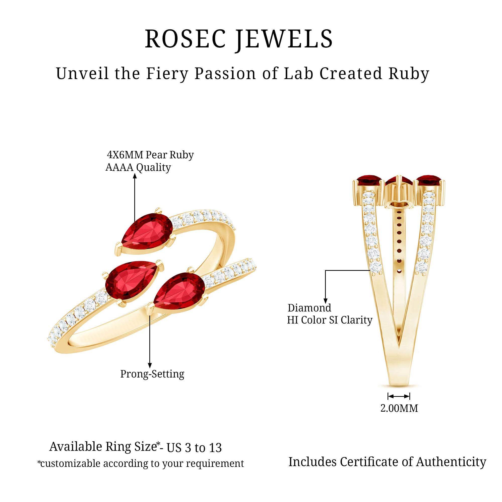 Rosec Jewels-Pear Shaped Lab Grown Ruby 3 Stone Anniversary Ring