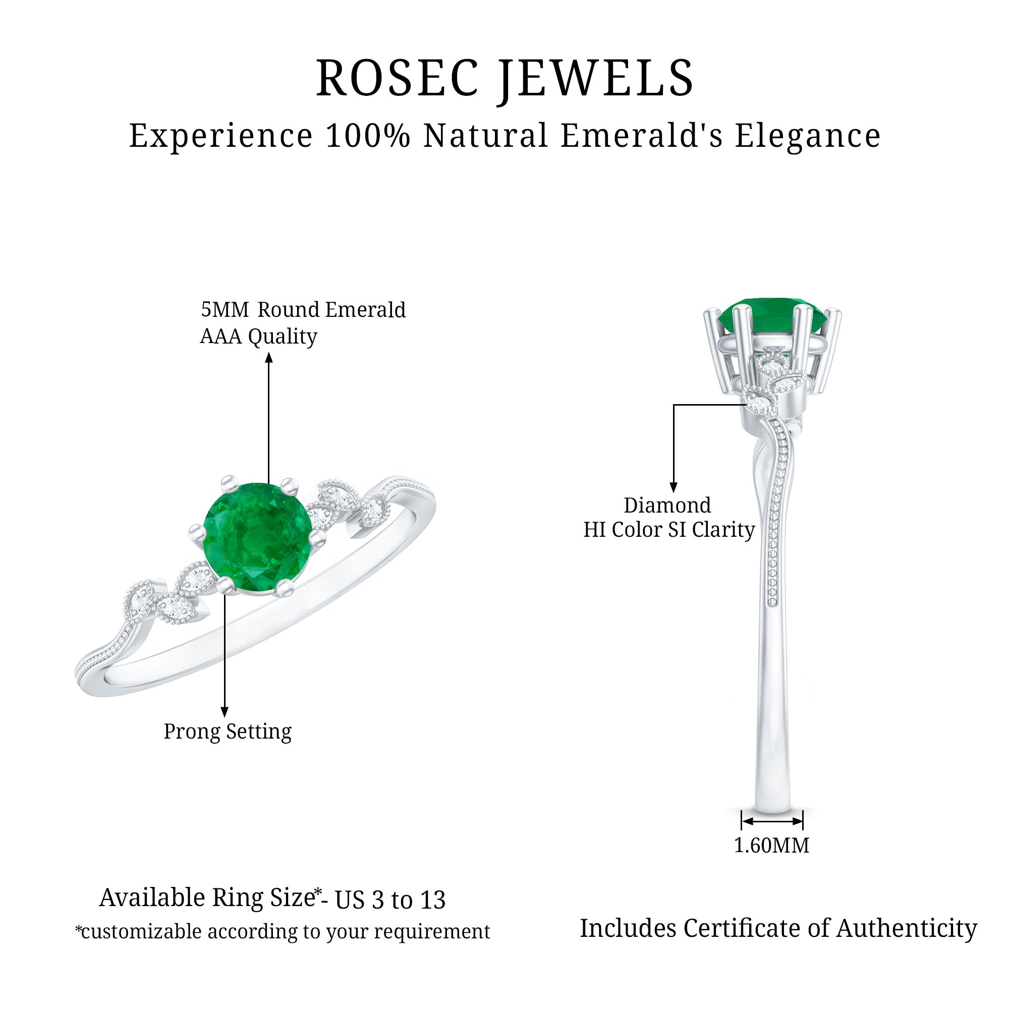Rosec Jewels-Natural Emerald and Diamond Leaf Promise Ring