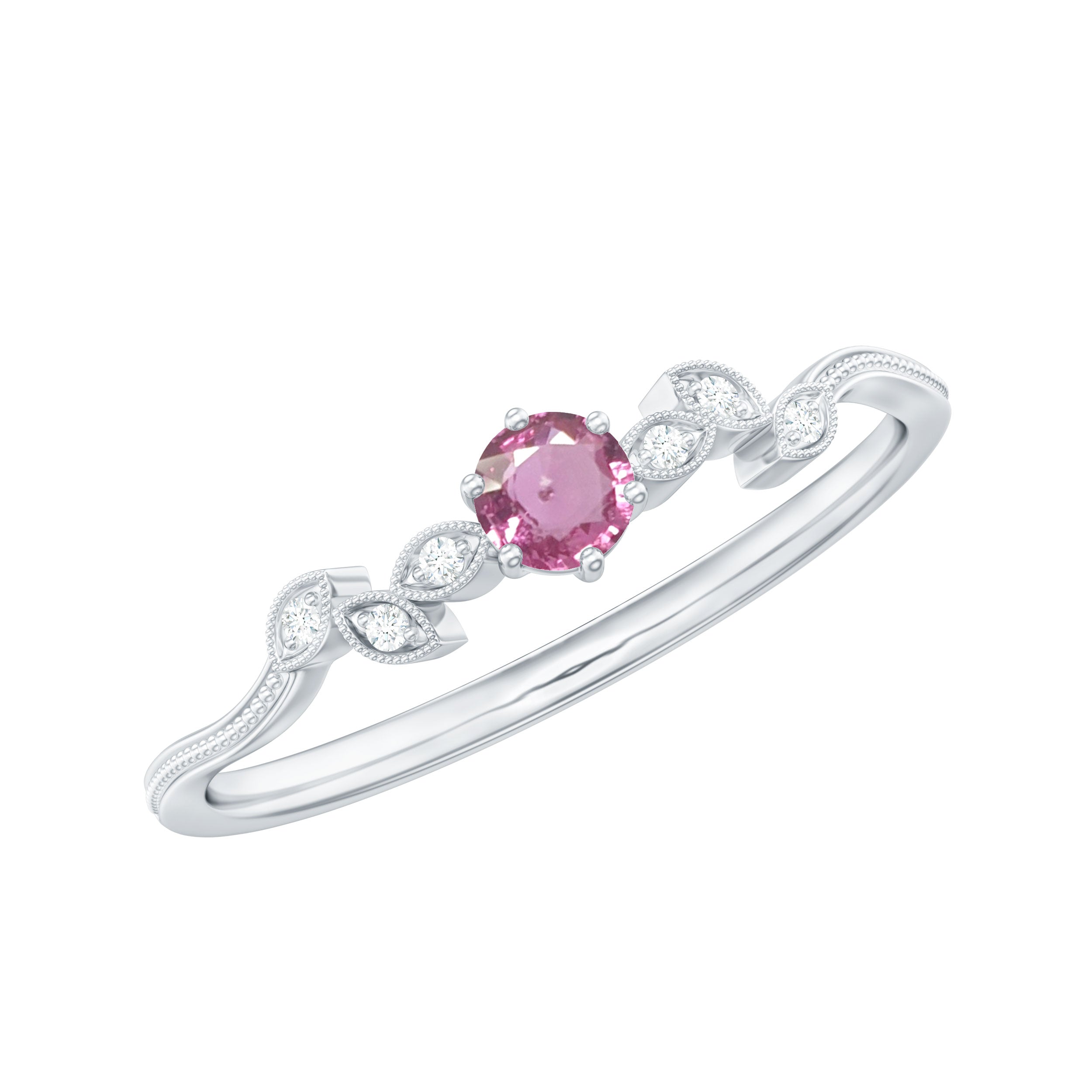 Pink Sapphire and Moissanite Leaf Promise Ring with Beaded Detailing