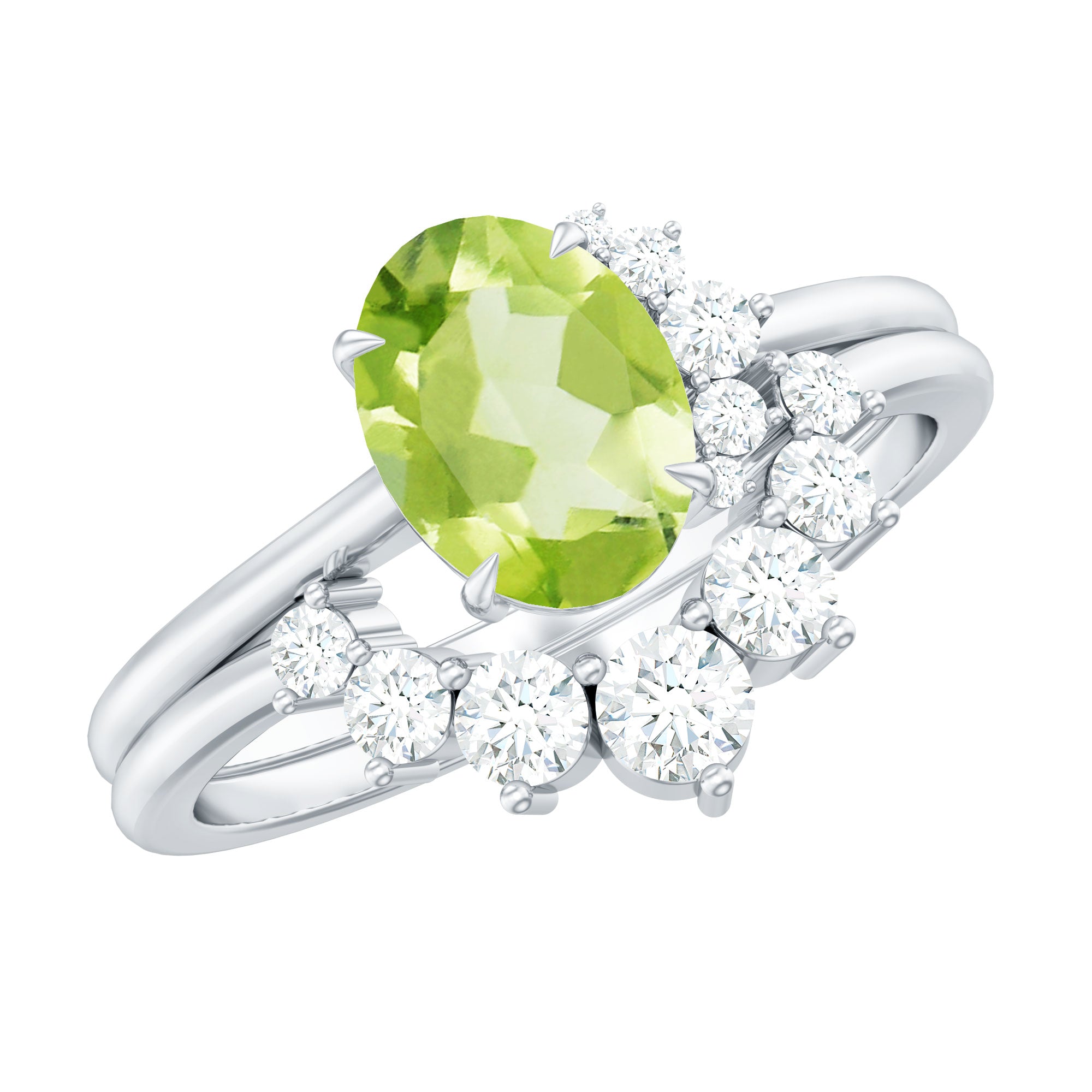 Rosec Jewels-Real 1 Carat Oval Peridot Engagement Ring with Diamond Wedding Band