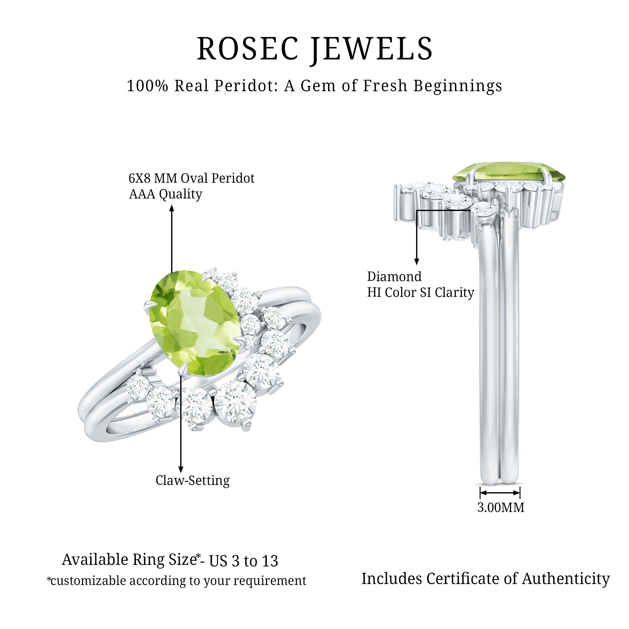 Rosec Jewels-Real 1 Carat Oval Peridot Engagement Ring with Diamond Wedding Band
