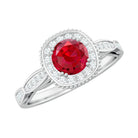 Rosec Jewels-Vintage Inspired Round Created Ruby Engagement Ring with Diamond Halo