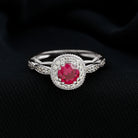 Rosec Jewels-Vintage Inspired Round Created Ruby Engagement Ring with Diamond Halo