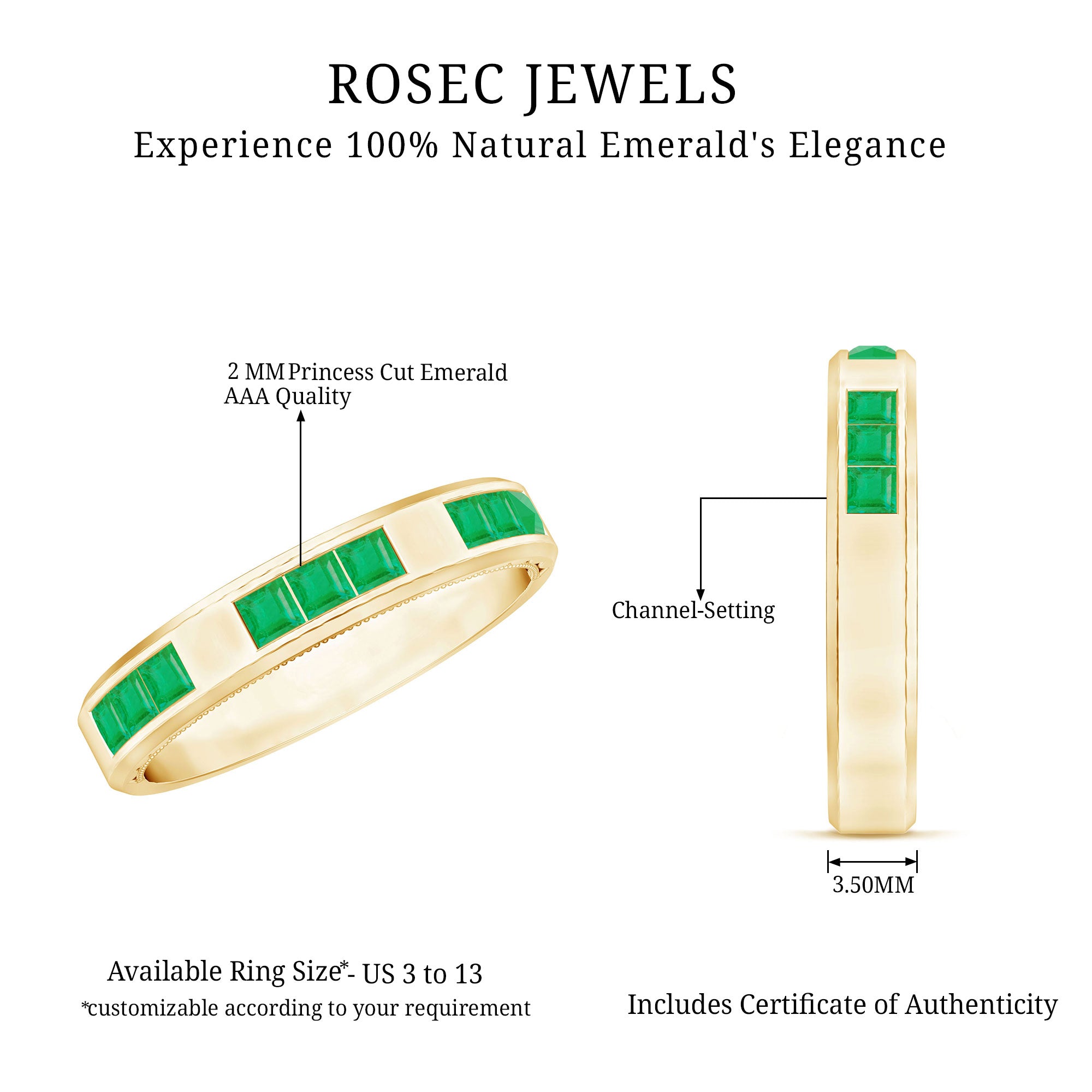 Princess Cut Emerald Mens Wedding Band in Channel Setting AAA - Rosec Jewels