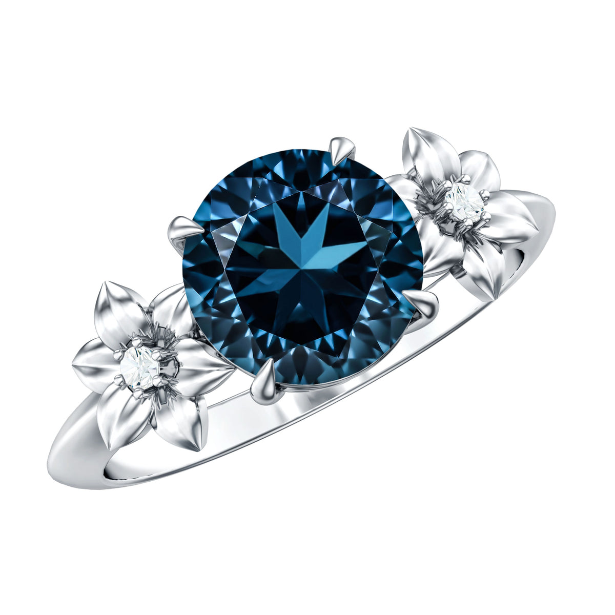 2 Carat Round London Blue Topaz Solitaire Floral Engagement Ring AAA - Rosec Jewels