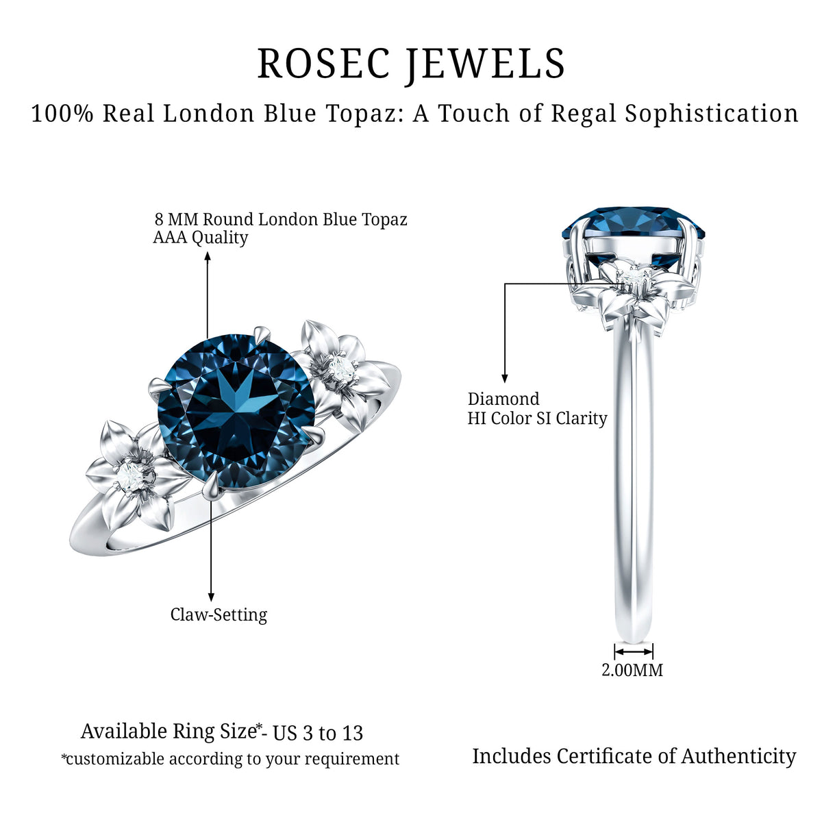 2 Carat Round London Blue Topaz Solitaire Floral Engagement Ring AAA - Rosec Jewels