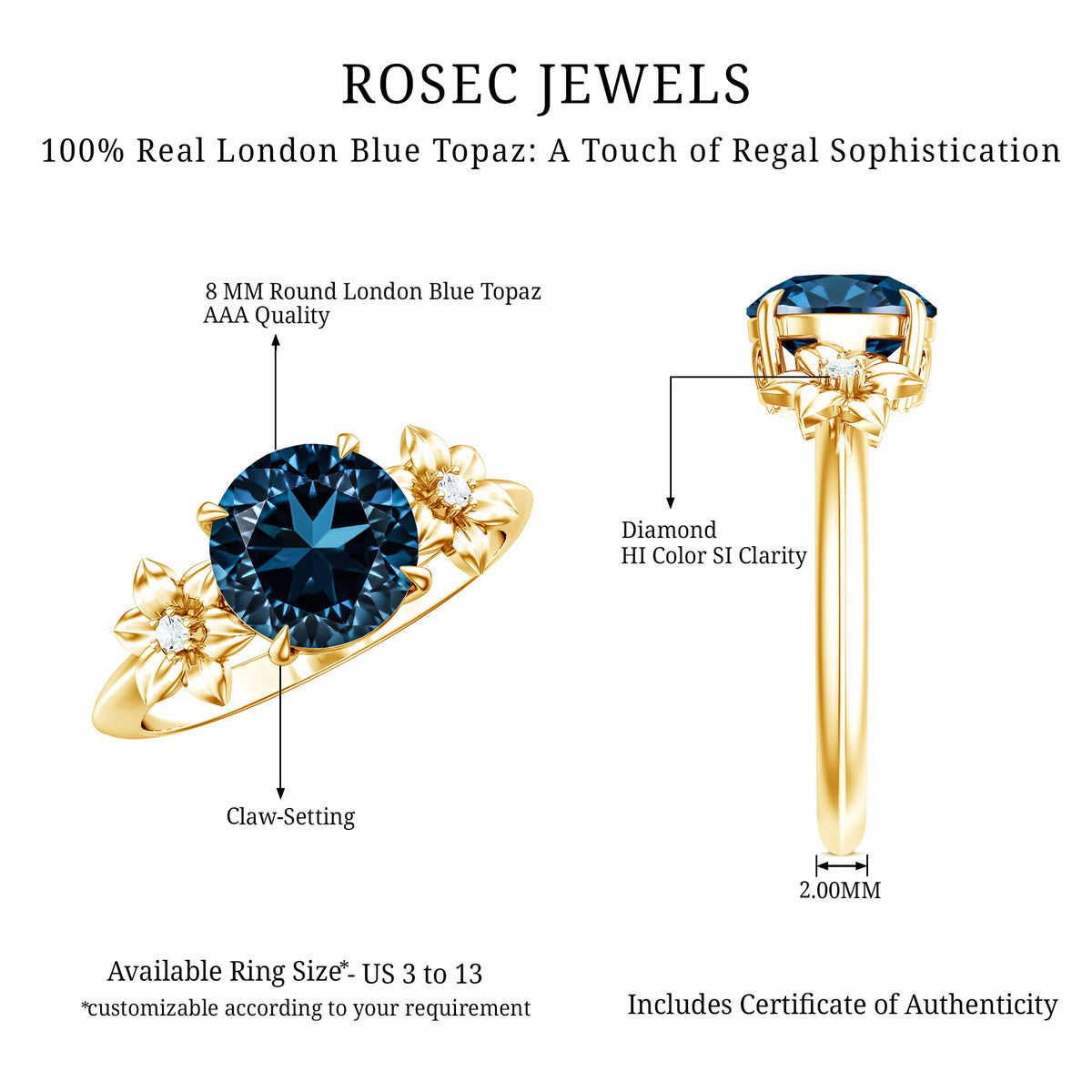 2 Carat Round London Blue Topaz Solitaire Floral Engagement Ring AAA - Rosec Jewels