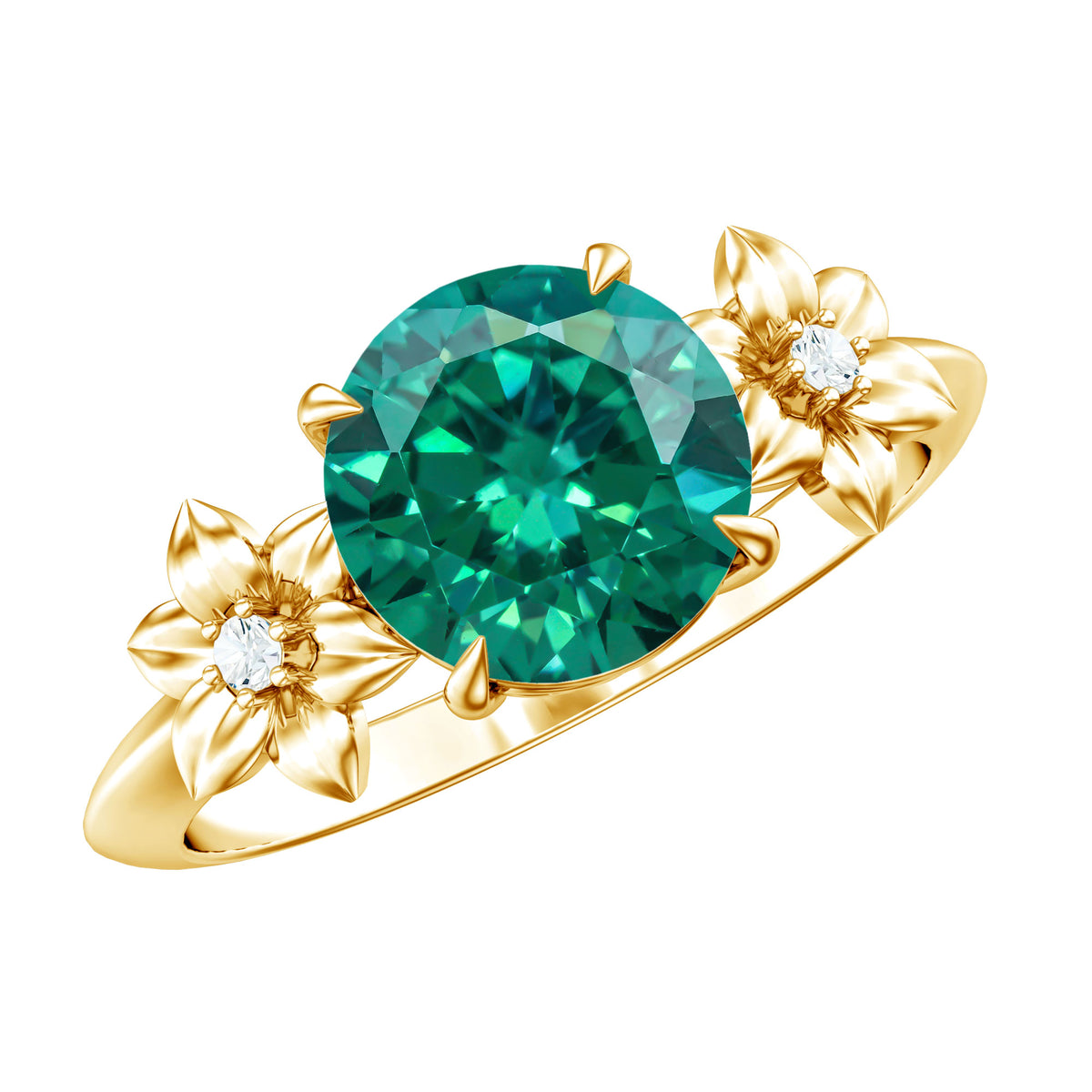 Certified Lab Grown Emerald Flower Engagement Ring with Diamond AAAA - Rosec Jewels