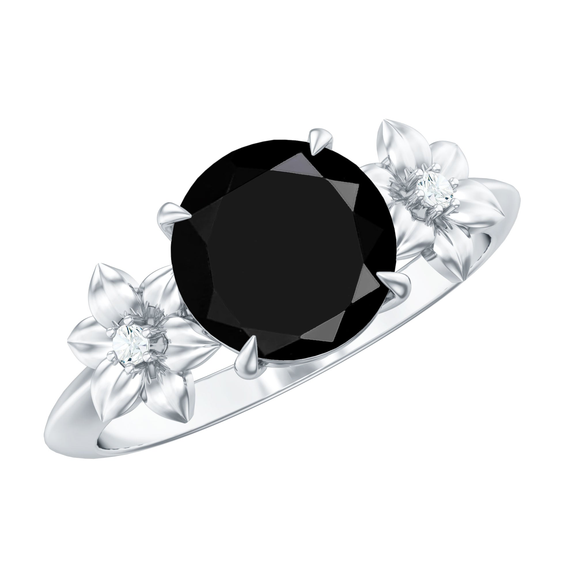 Created Black Diamond Solitaire Flower Engagement Ring with Accent