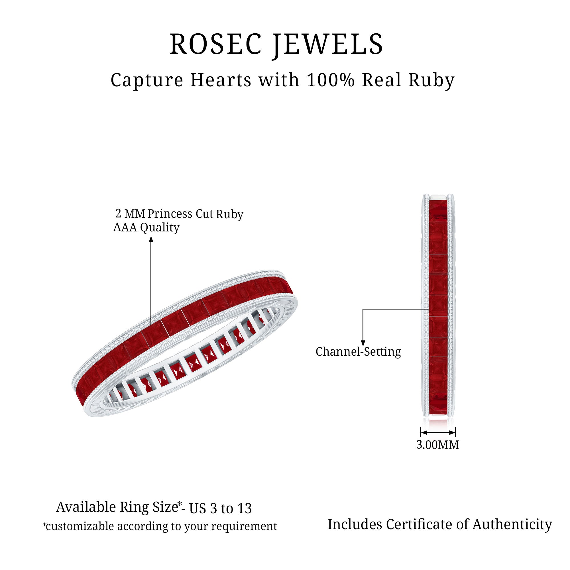 Rosec Jewels-Genuine 1.7 Carat Princess Cut Ruby Eternity Wedding Ring for Women