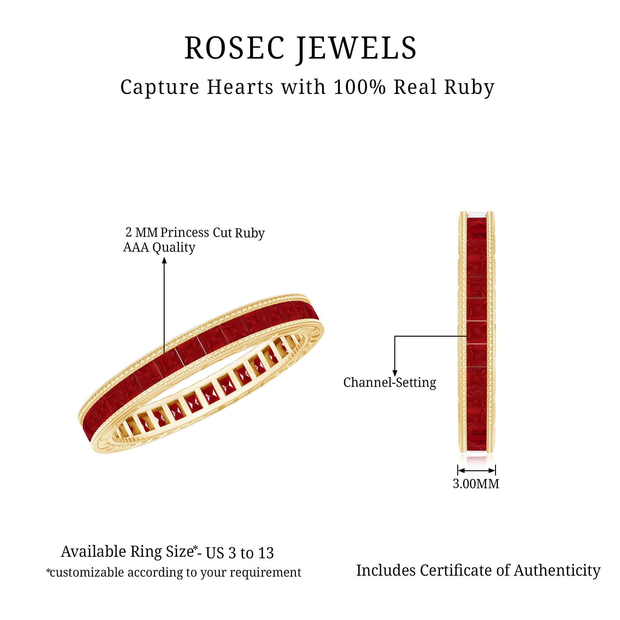 Rosec Jewels-Genuine 1.7 Carat Princess Cut Ruby Eternity Wedding Ring for Women