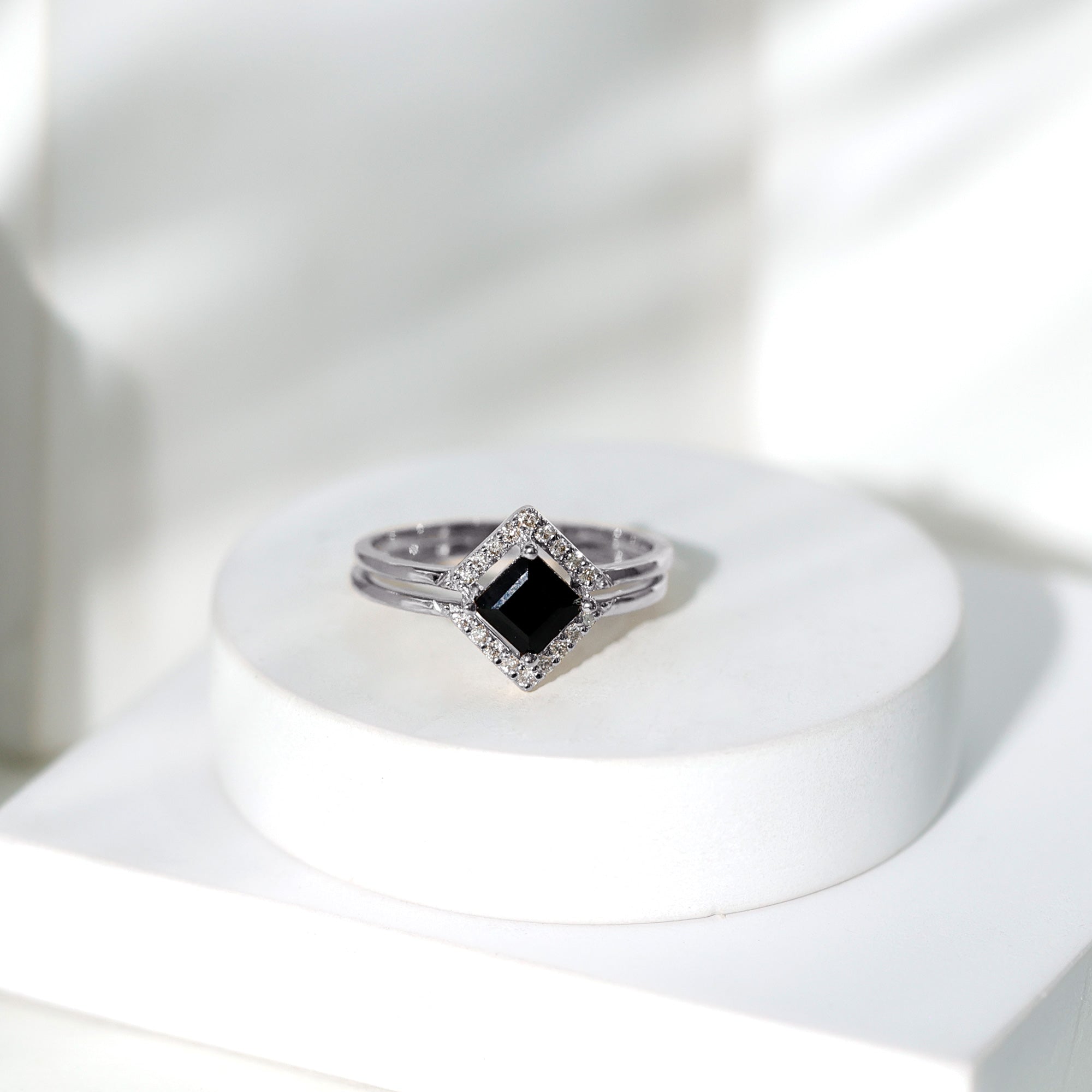 Rosec Jewels-Real Black Onyx and Diamond Princess Cut Engagement Ring With Ring Guard