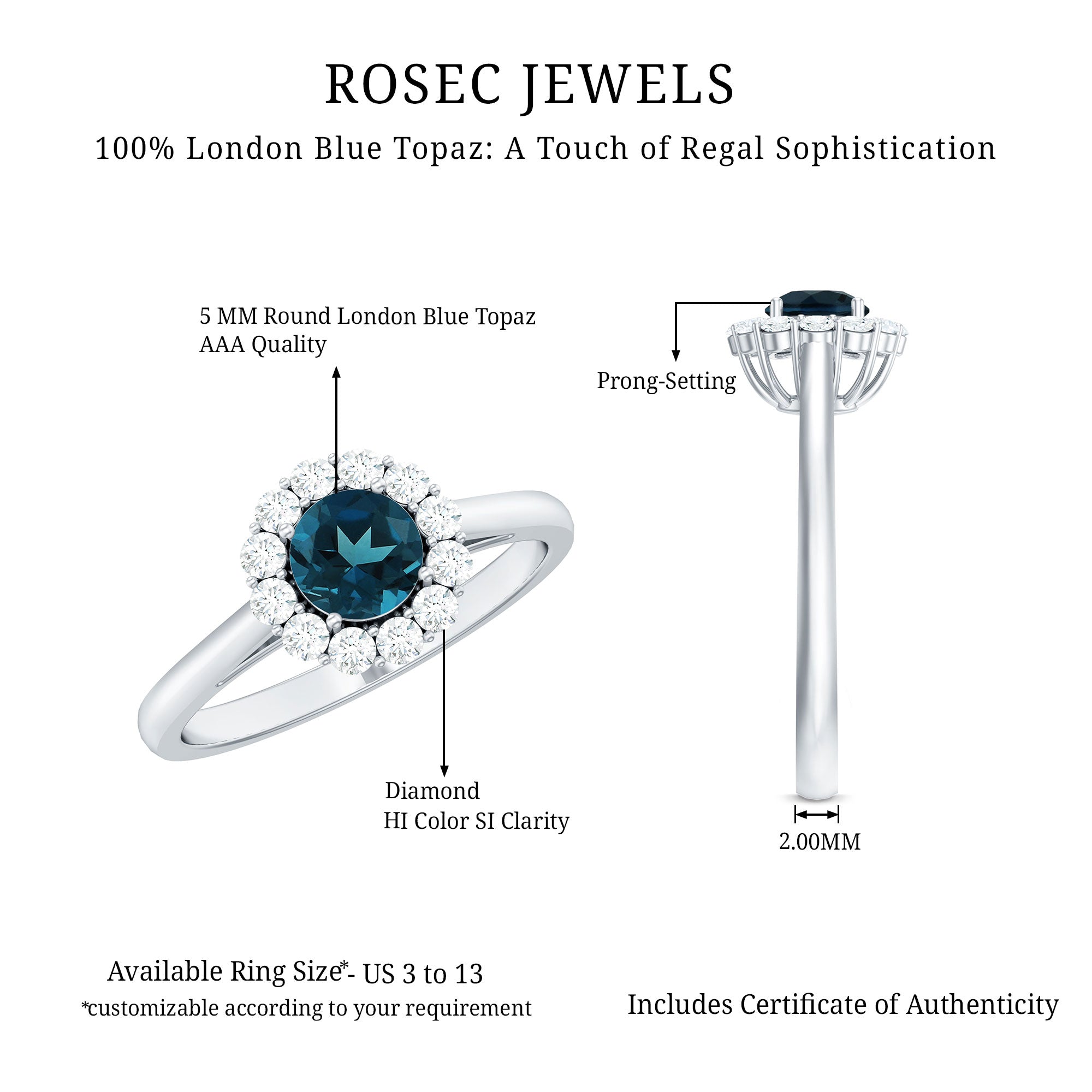 Rosec Jewels-Certified London Blue Topaz and Diamond Halo Engagement Ring