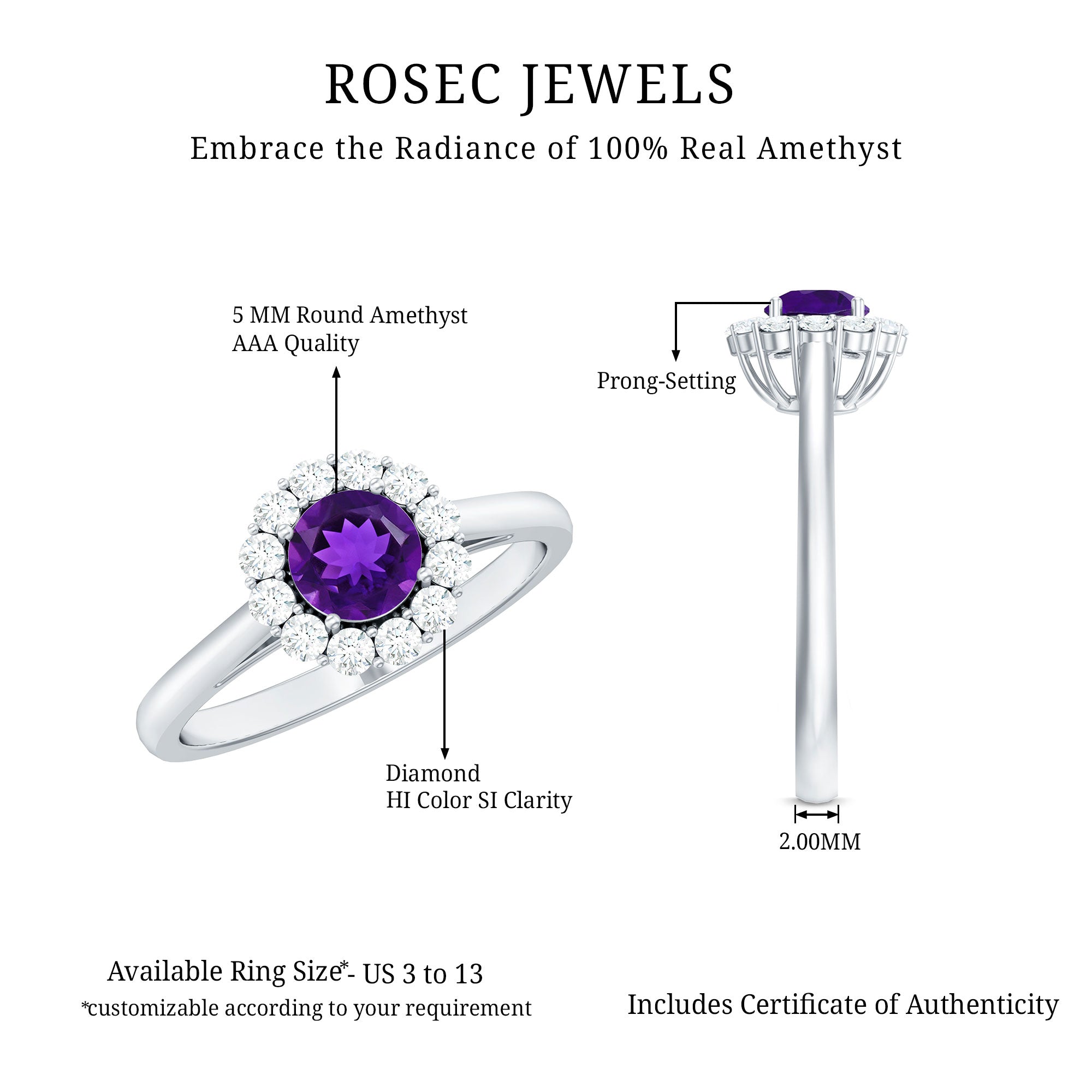 Natural Amethyst Engagement Ring with Diamond Halo for Women AAA - Rosec Jewels