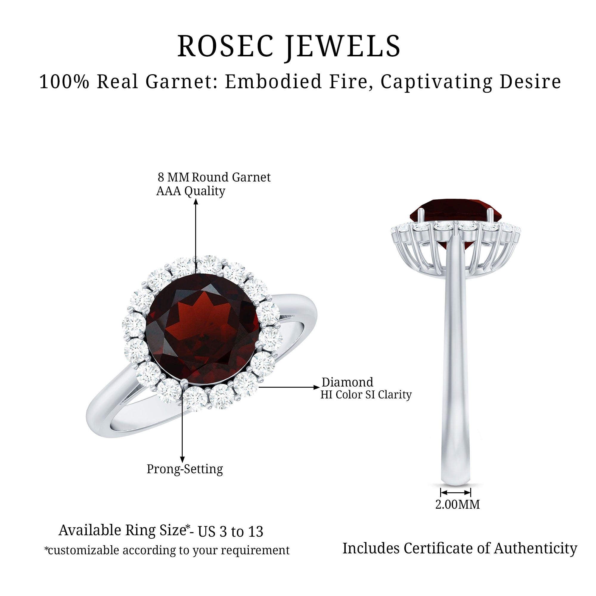 Certified Real 8 mm Garnet Engagement Ring with Diamond Halo AAA - Rosec Jewels