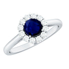 Rosec Jewels-Genuine 0.9 Carat Blue Sapphire and Diamond Round Halo Engagement Ring