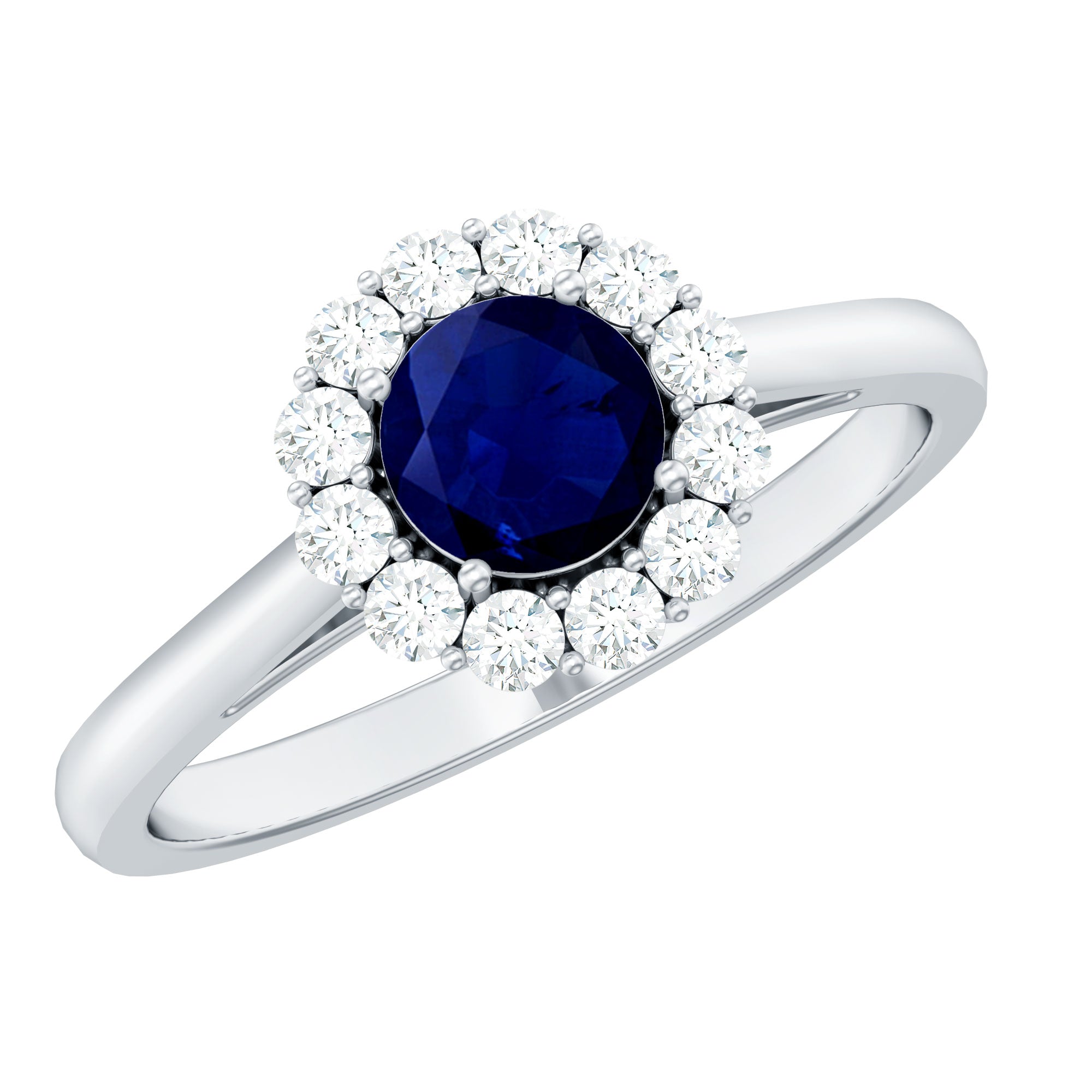Rosec Jewels-Genuine 0.9 Carat Blue Sapphire and Diamond Round Halo Engagement Ring