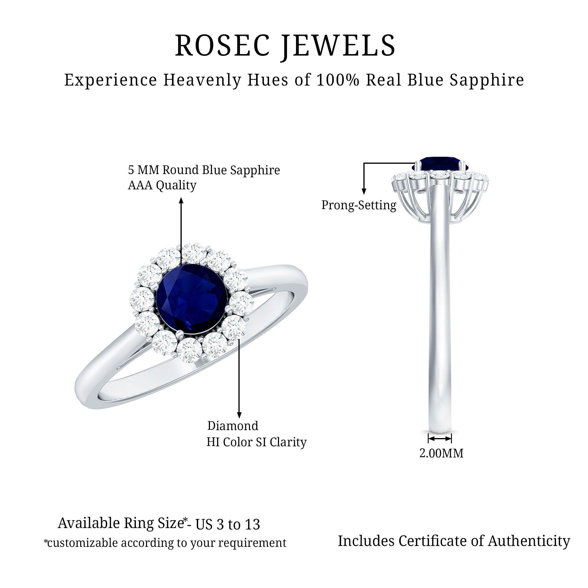 Rosec Jewels-Genuine 0.9 Carat Blue Sapphire and Diamond Round Halo Engagement Ring