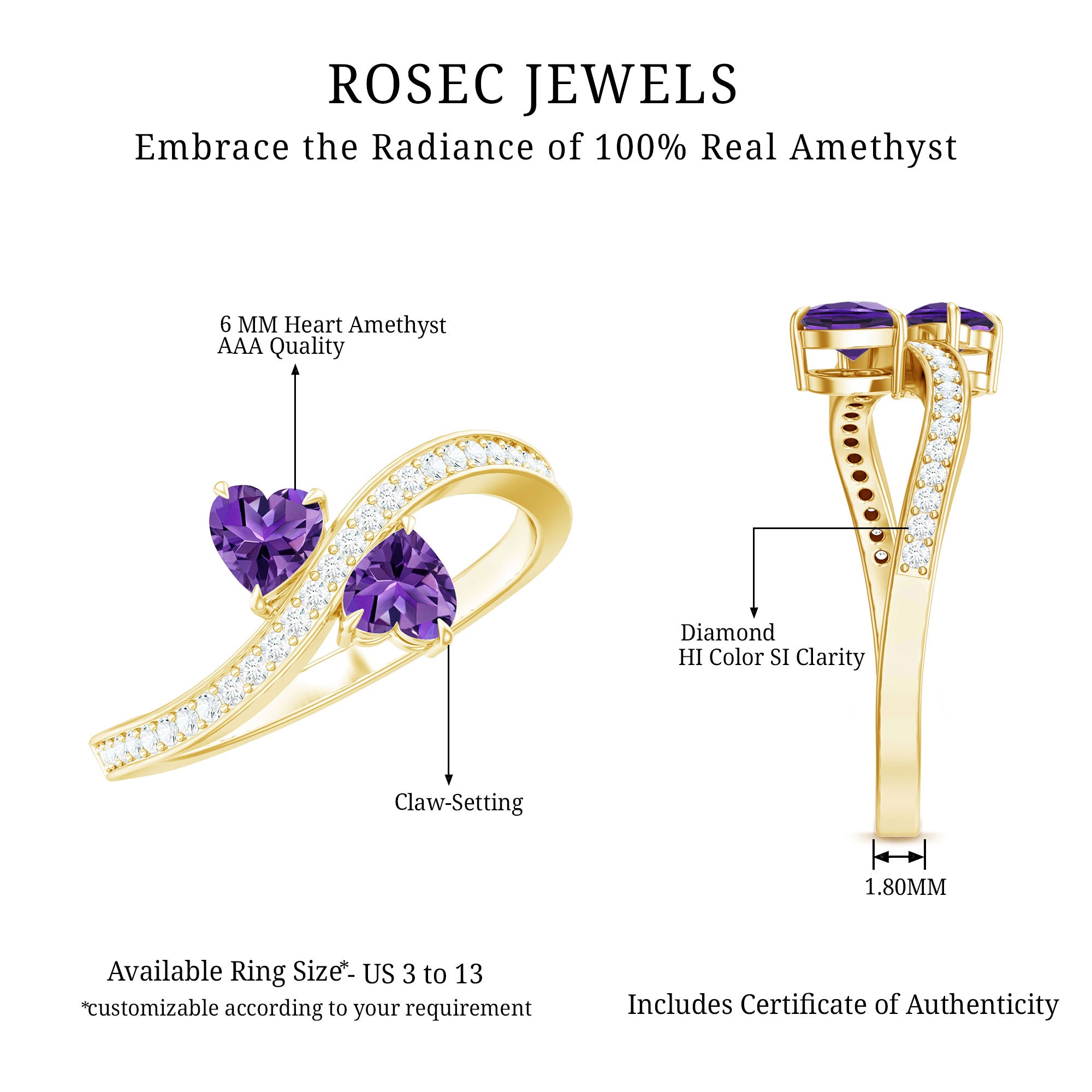 Natural Heart Shape Amethyst Toi Et Moi Engagement Ring with Diamond AAA - Rosec Jewels