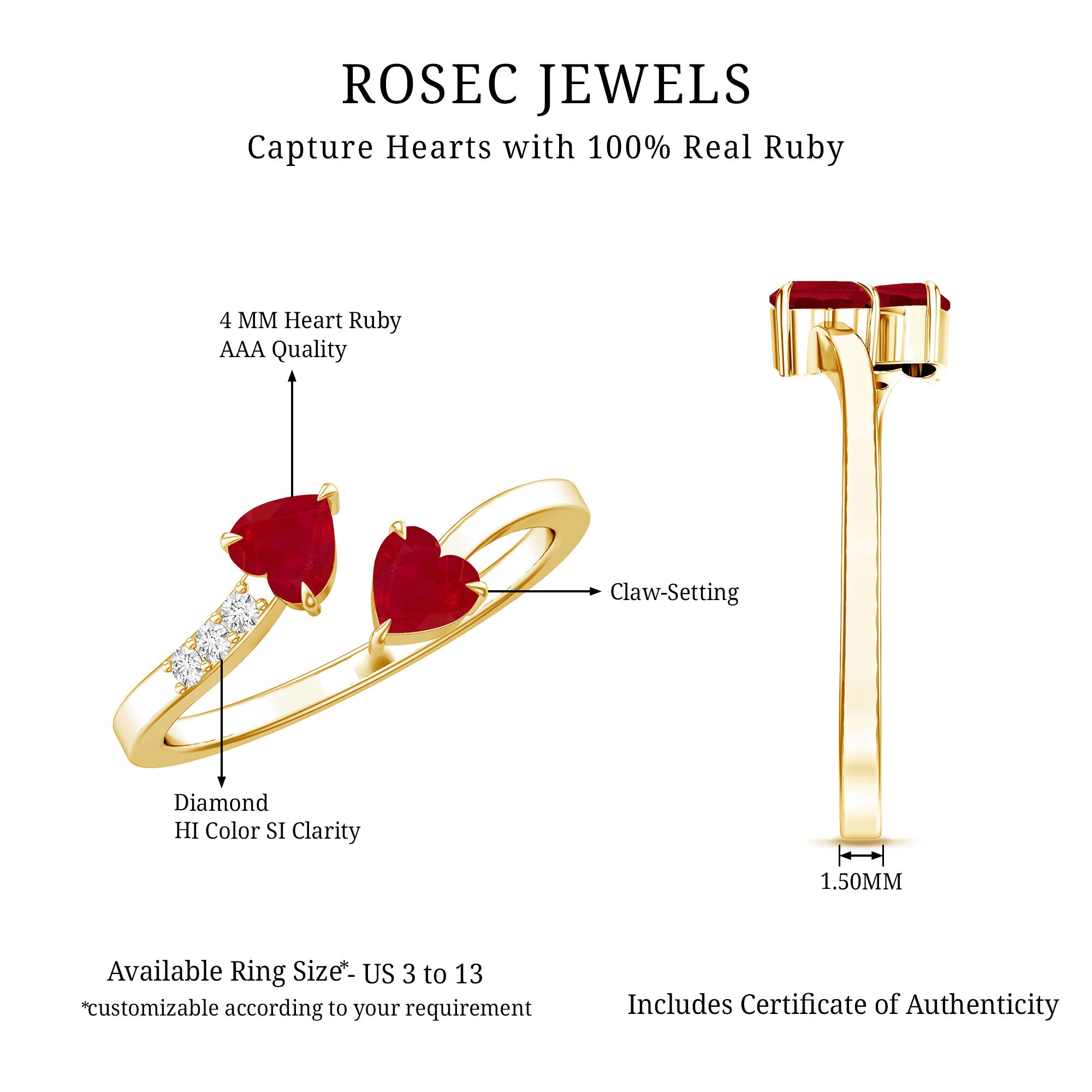 Real Heart Shape Ruby Toi Et Moi Promise Ring with Diamond AAA - Rosec Jewels